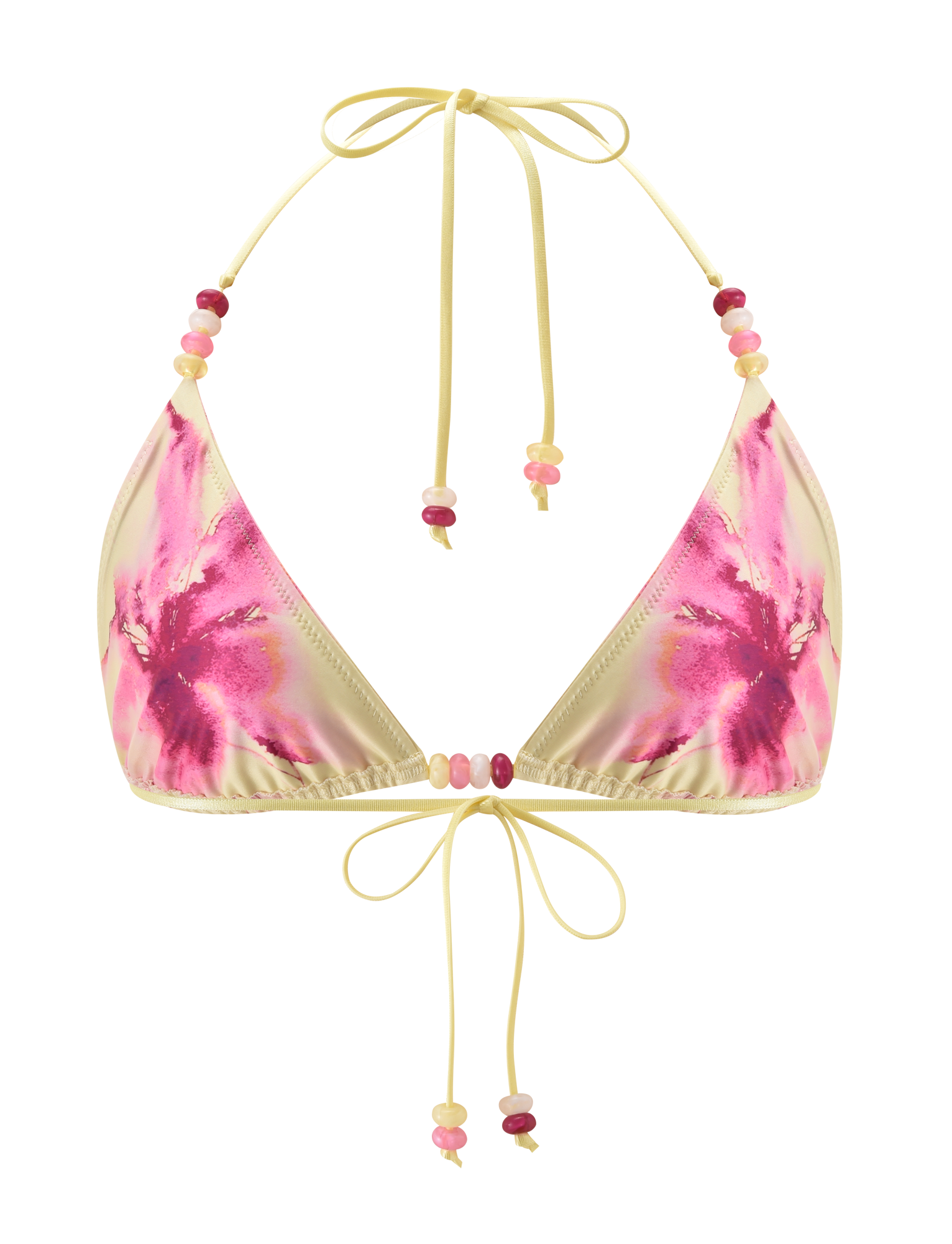 The FINLEA BIKINI TOP - WATERCOLOUR FLORAL by TIGERMIST is a yellow triangle bikini top with a watercolour floral print and pink and yellow beads on adjustable halter neck ties, shown on a plain white background.
