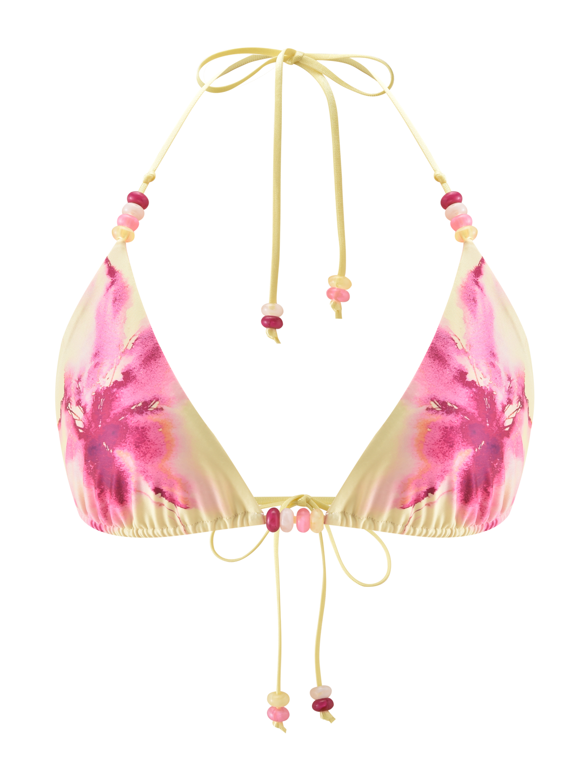 The FINLEA BIKINI TOP - WATERCOLOUR FLORAL by TIGERMIST features a yellow triangle design with a watercolour floral and pink-purple tie-dye print, plus adjustable straps embellished with pink, red, and white beads.