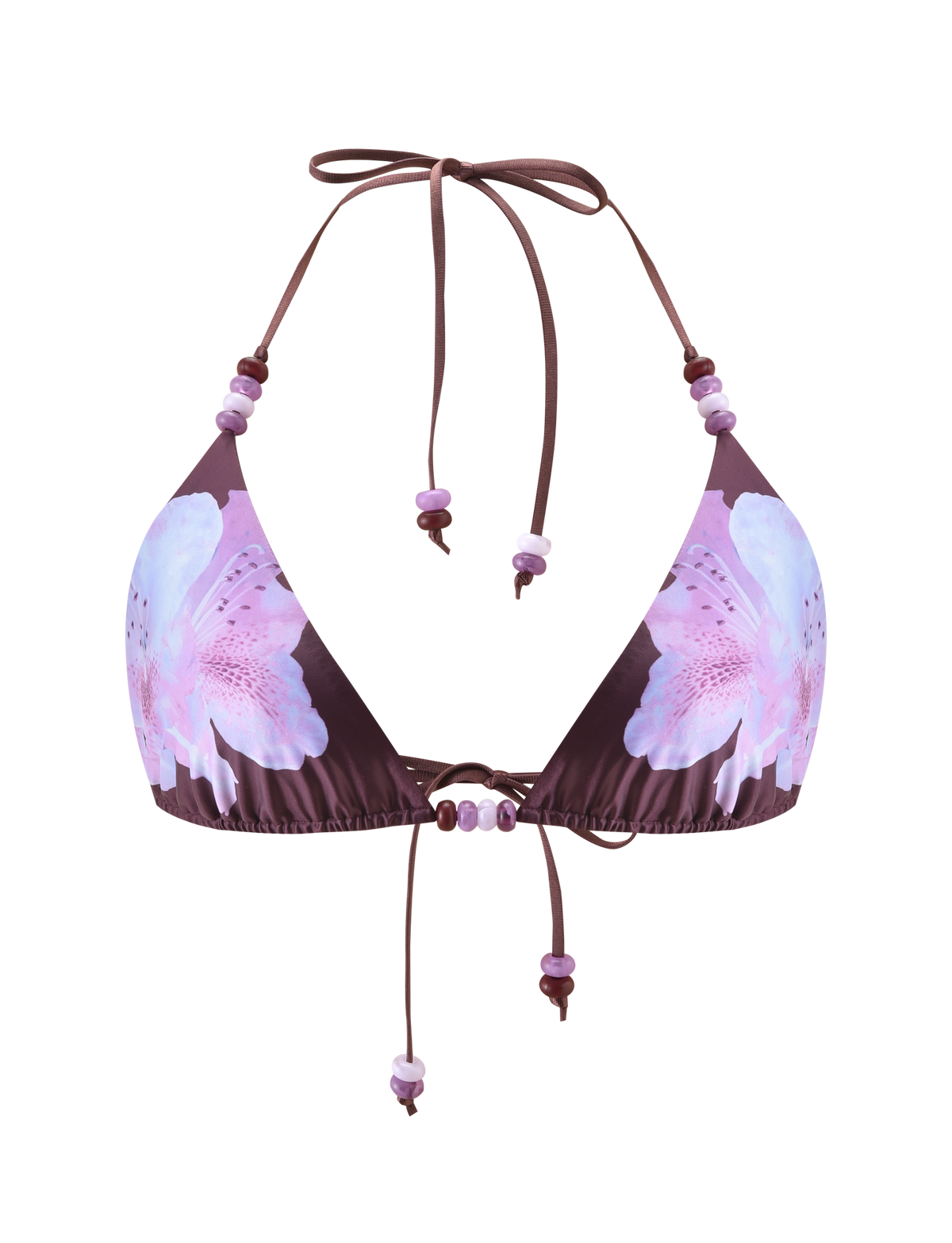The FINLEA BIKINI TOP - ZEN FLORAL by TIGERMIST features a brown triangle design with pink and purple florals, adjustable halter neck and back ties, and purple bead accents.