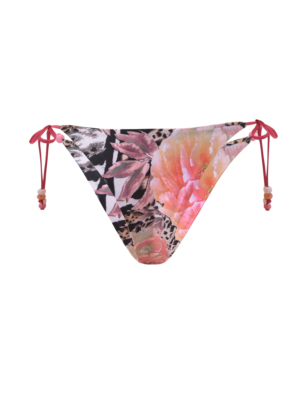 The TIGERMIST FINLEA BIKINI BOTTOM - ANIMALIER FLORAL features a cheeky cut, vibrant floral animal print, and pink bead-accented side ties on a crisp white base.