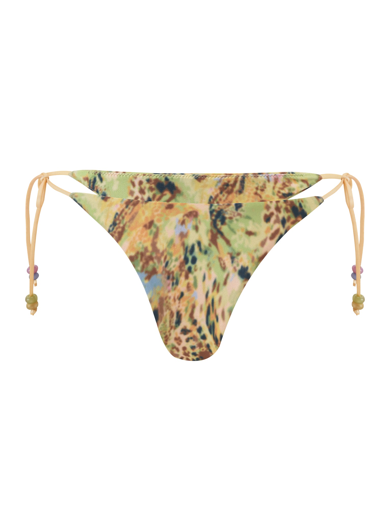 The FINLEA BIKINI BOTTOM - ANIMAL SWIRL by TIGERMIST features a multicolored abstract animal print and yellow beaded side ties.