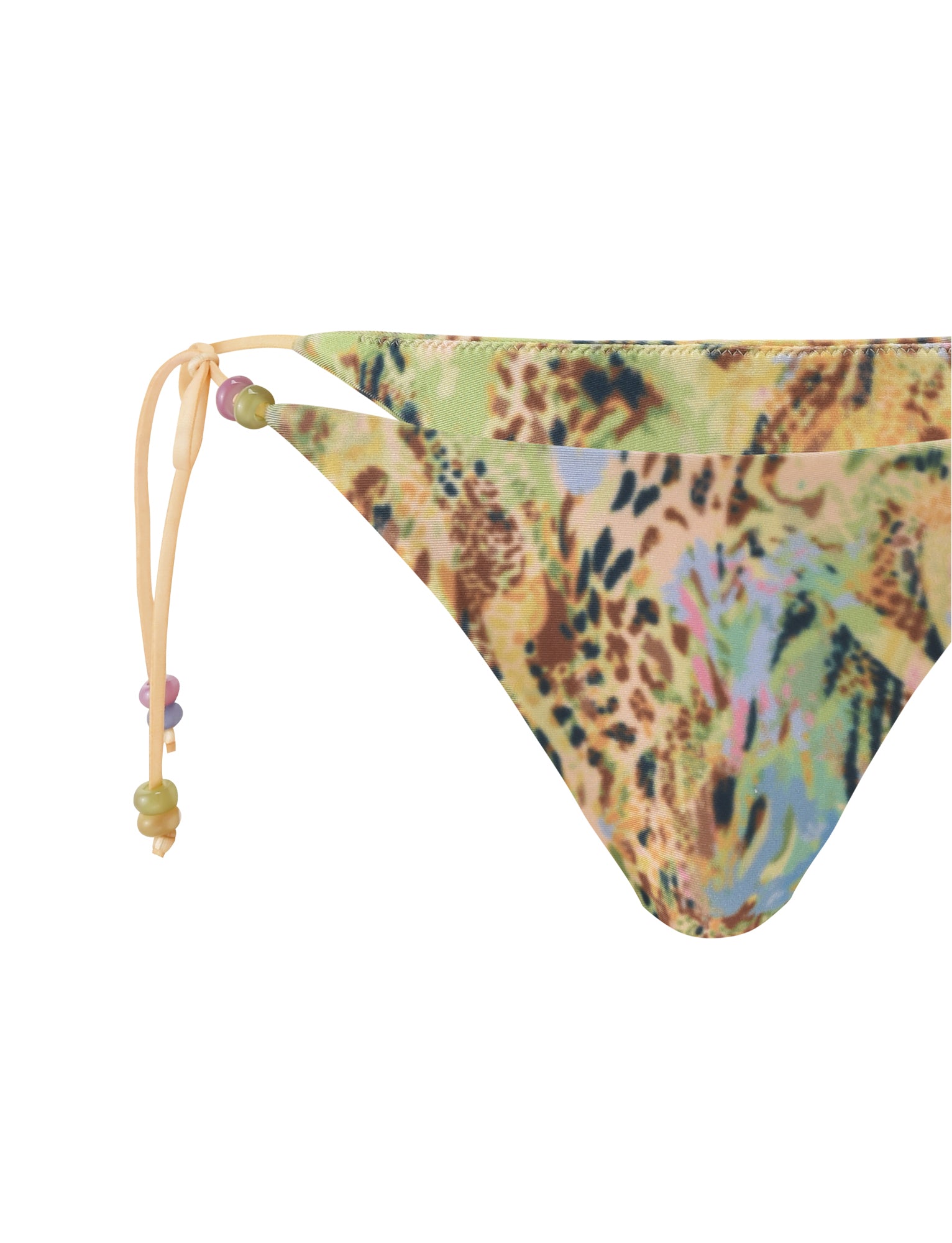 Close-up of the TIGERMIST FINLEA BIKINI BOTTOM - ANIMAL SWIRL, featuring a colorful abstract animal print in green, beige, brown, blue, and purple with a cheeky cut and side tie adorned with decorative beads.