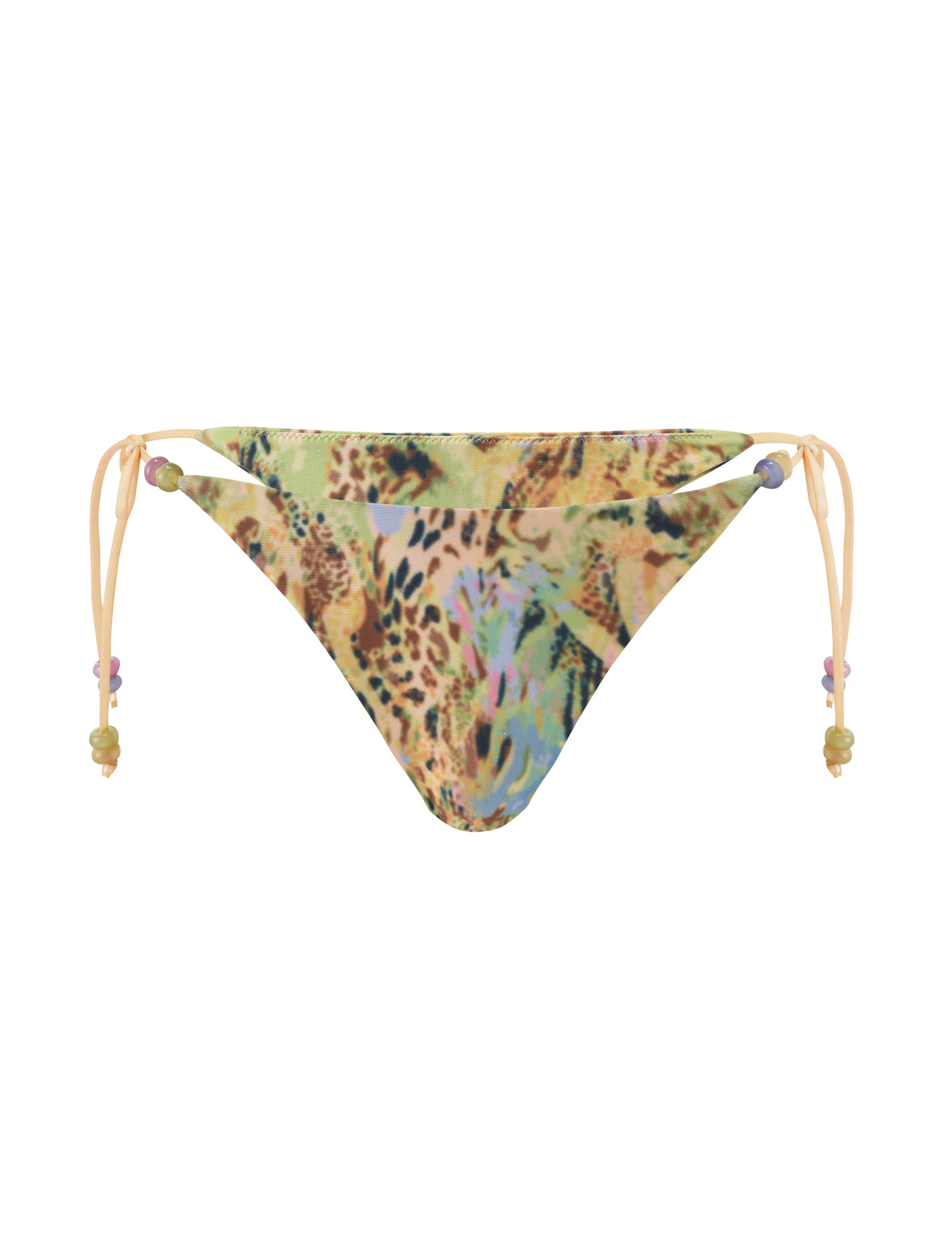 The FINLEA BIKINI BOTTOM - ANIMAL SWIRL by TIGERMIST features a multicolored abstract animal print and adjustable tan side ties with small round beads.