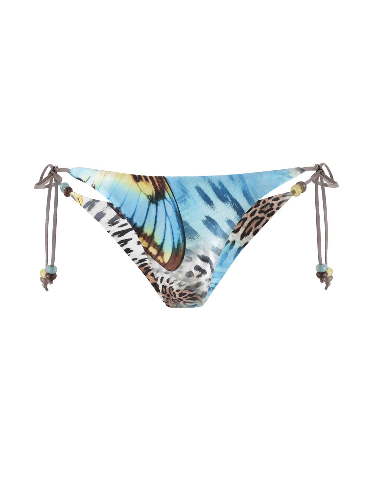 The TIGERMIST FINLEA BIKINI BOTTOM - MULTI features a blue, yellow, and black butterfly animal print with side ties detailed by decorative beads.