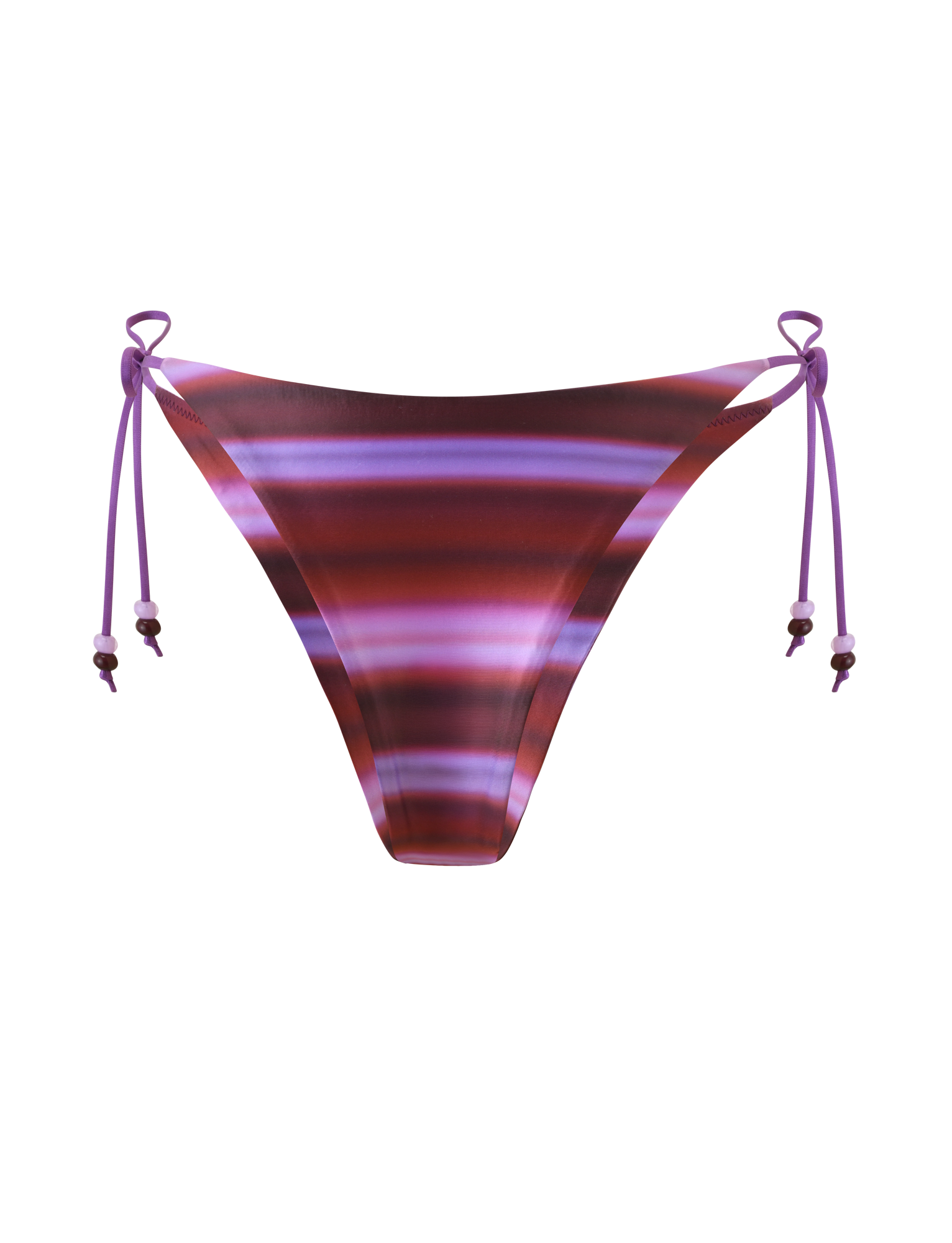 The TIGERMIST FINLEA BIKINI BOTTOM - DUSK OMBRE STRIPE features a cheeky cut with maroon, pink, and ombre purple stripes, plus adjustable purple side ties with beaded ends. Shown on a plain white background.