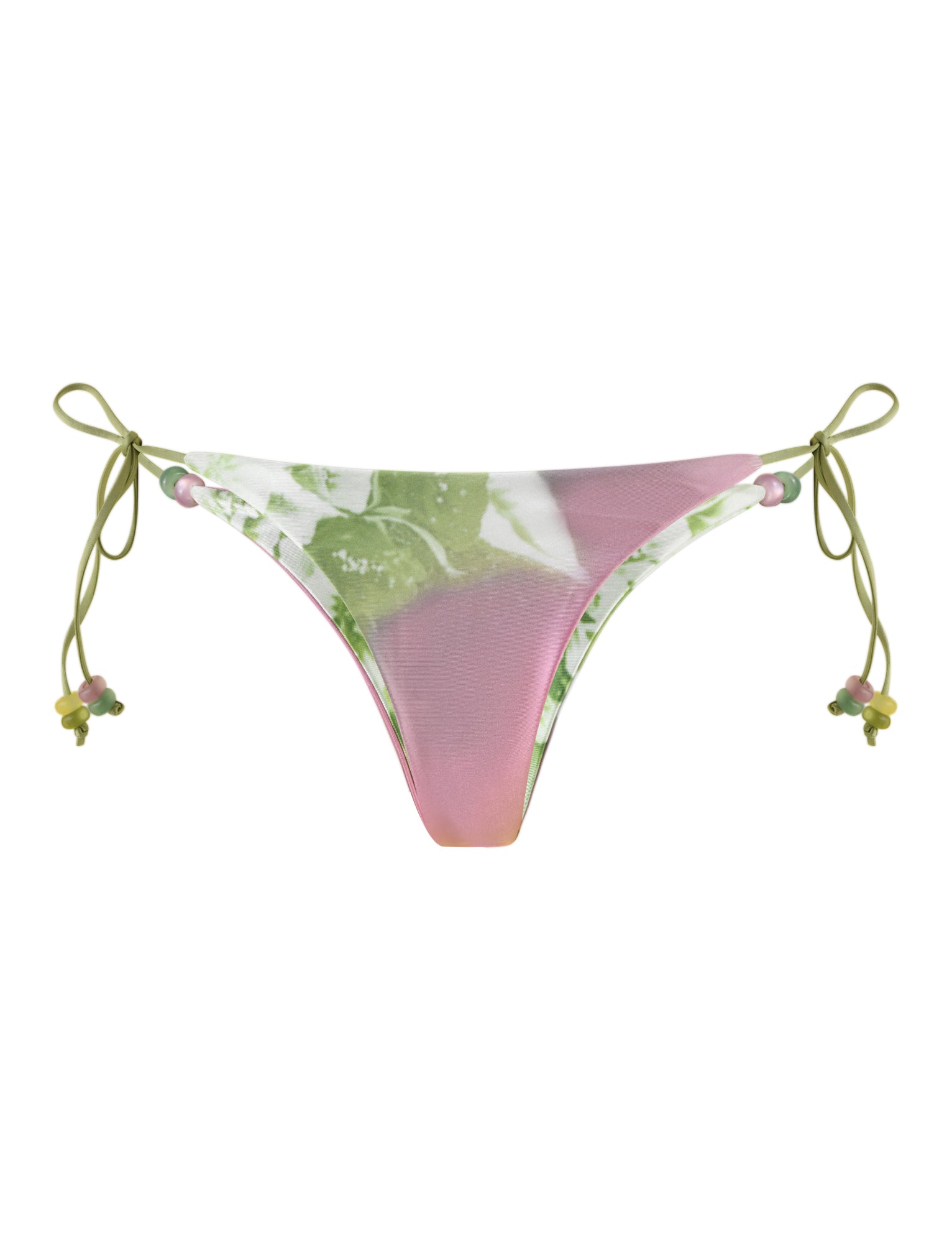 The FINLEA Bikini Bottom in Green Floral Stripe by TIGERMIST features a cheeky design with a pink and green pattern. These bikini bottoms include adjustable side ties adorned with small bead embellishments at the ends, and the material has a slightly shiny and smooth finish.
