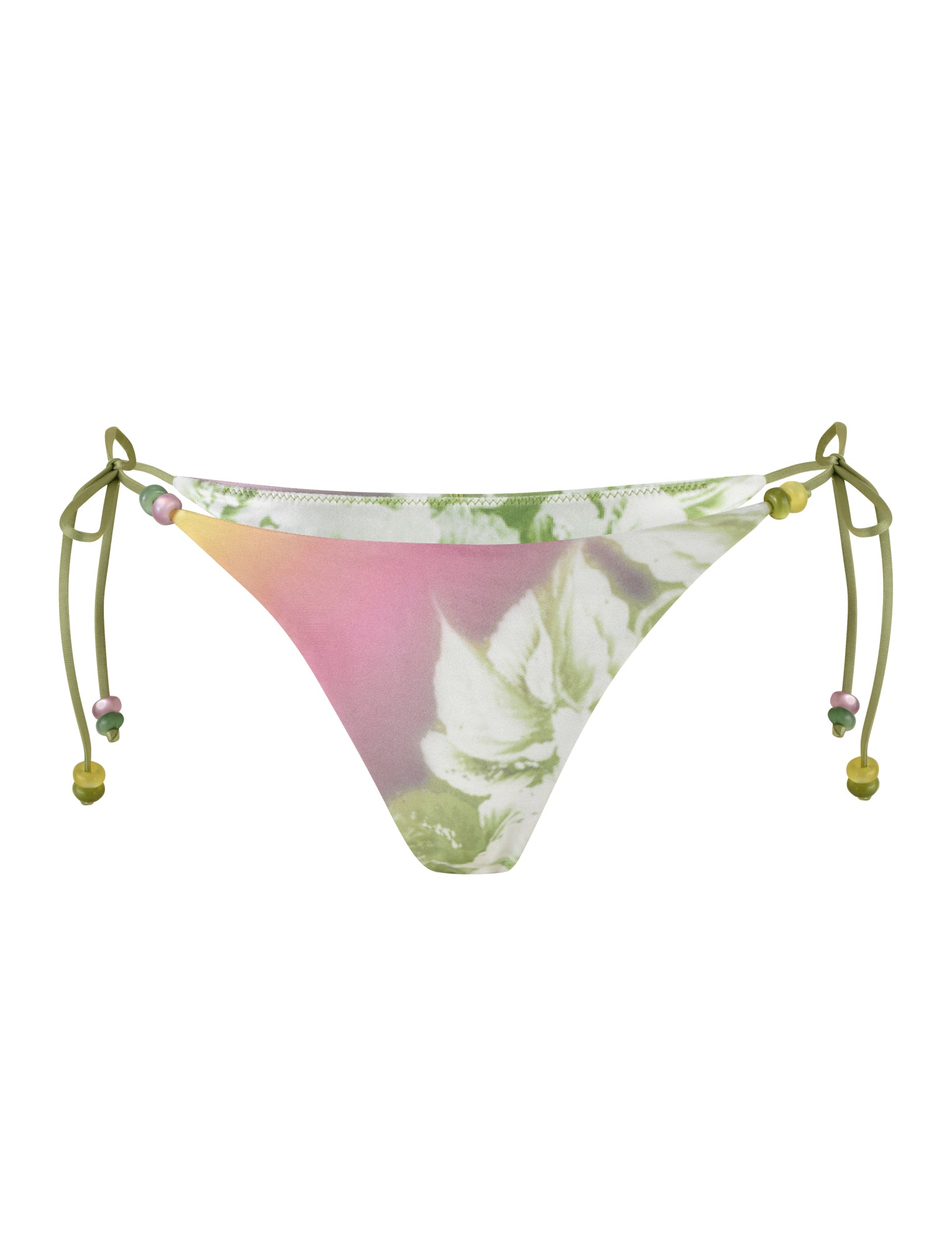 The image features TIGERMIST's FINLEA BIKINI BOTTOM - GREEN: FLORAL: STRIPE, showcasing a playful gradient design in pink, yellow, and green tones. The bikini bottom includes side ties adorned with small beads at the ends and boasts a subtle abstract floral pattern on the front to complete its charming look.