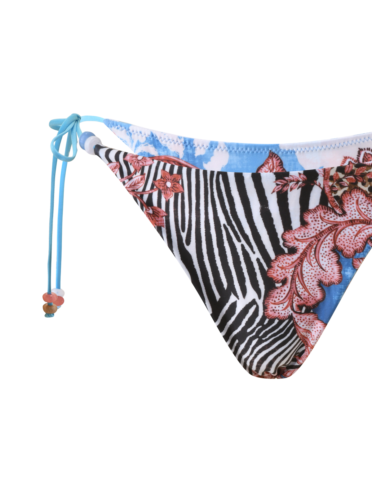 Close-up of the TIGERMIST FINLEA BIKINI BOTTOM - GLOBAL ANIMAL HAZE in a cheeky cut, featuring an animal and floral print, left-side drawstring, and blue and white waistband accents.