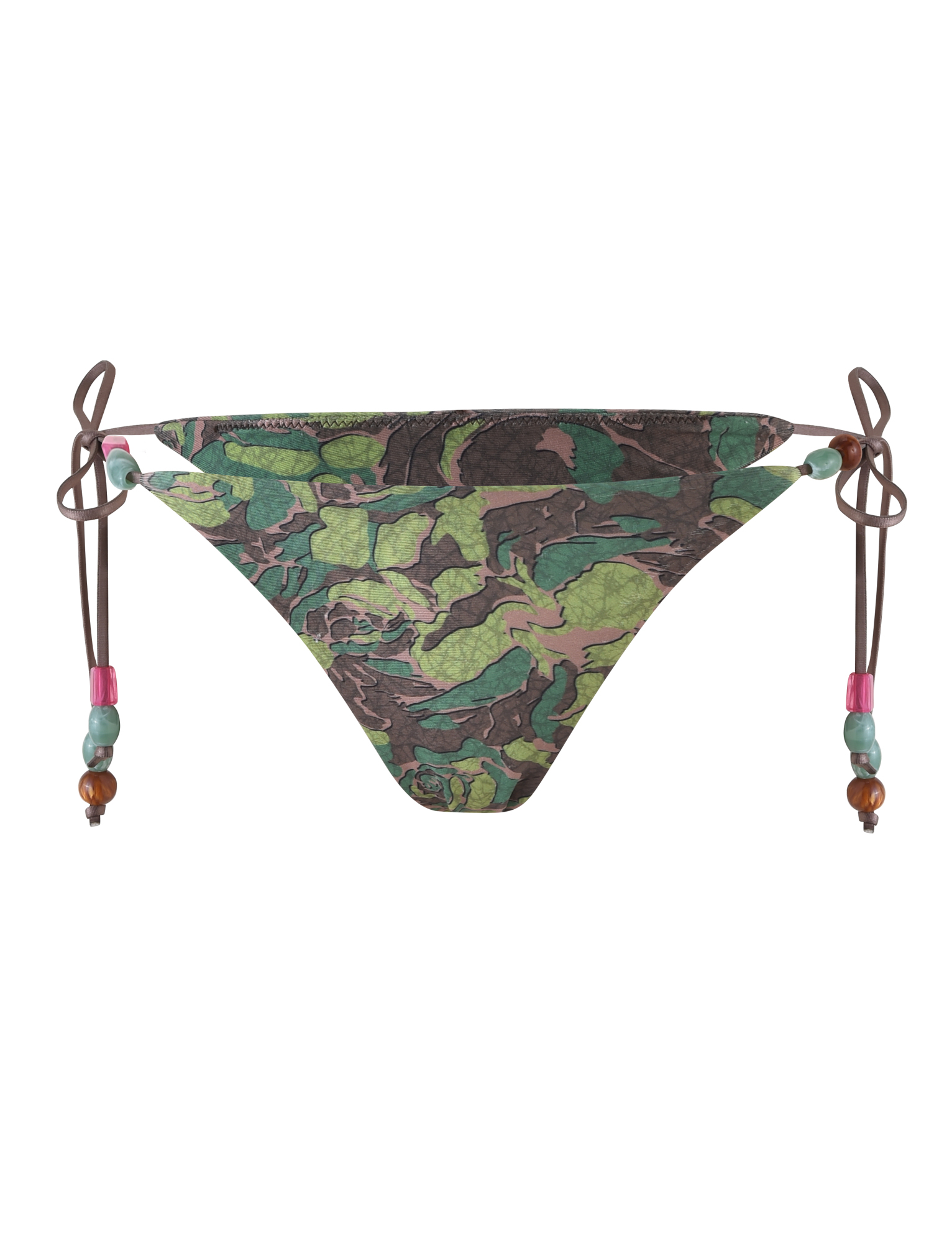 The FINLEA BIKINI BOTTOM - GREEN : CAMO by TIGERMIST features a green and brown camo leaf print, cheeky cut, and adjustable side ties with pink, green, and brown beads for a playful look.