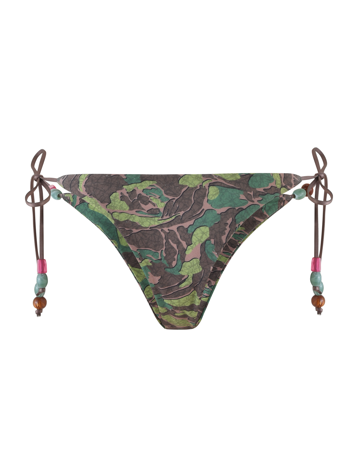 The FINLEA BIKINI BOTTOM - GREEN : CAMO by TIGERMIST features a camo print, cheeky cut, brown side ties, and decorative pink, blue, and brown beads on each string.
