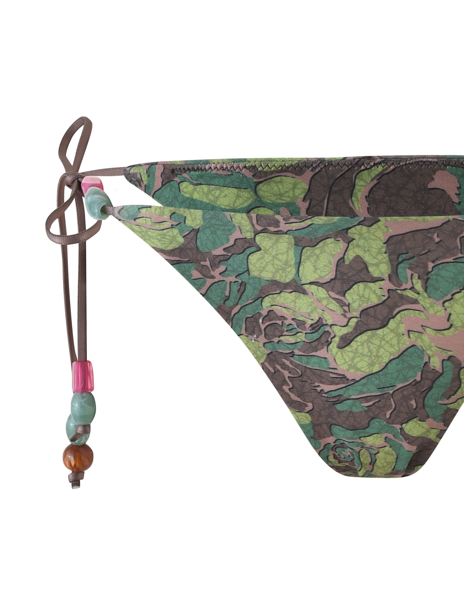 A close-up of the TIGERMIST FINLEA BIKINI BOTTOM - GREEN : CAMO shows a cheeky camo bikini cut with side tie strings, accented by colorful pink, green, and brown beads.