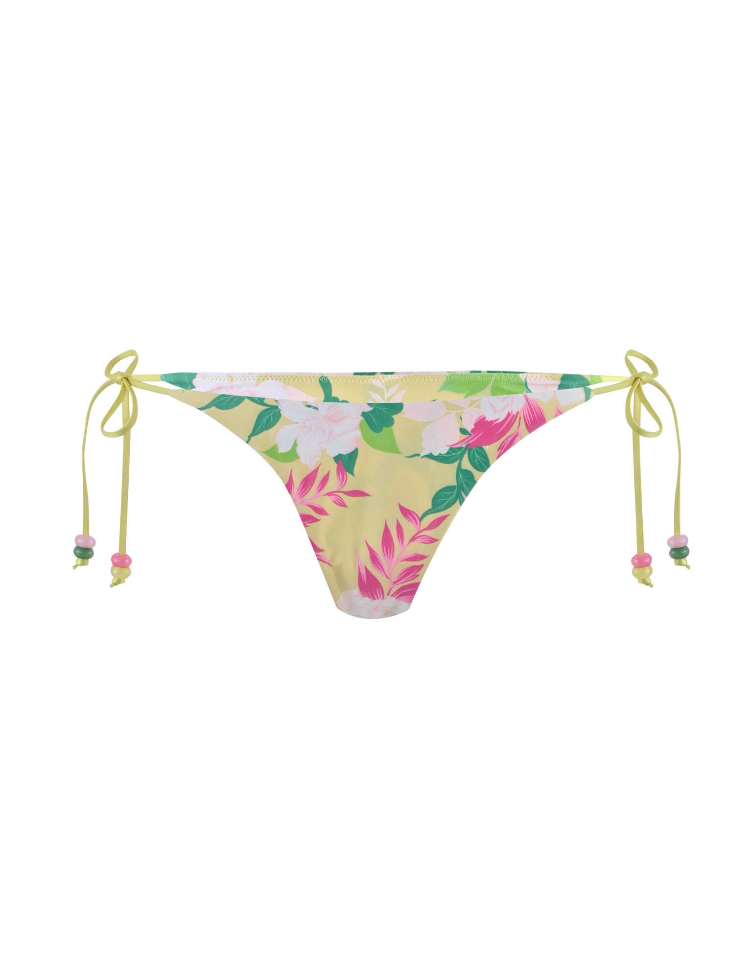 The FINLEA BIKINI BOTTOM - PAISLEY BORDER by TIGERMIST features a cheeky cut, pink and white floral print on yellow elastane fabric, and adjustable side ties finished with yellow bows.