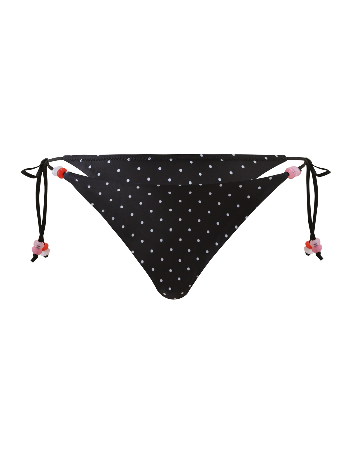 The TIGERMIST FINLEA BIKINI BOTTOM in polka dot black and cream features cheeky coverage, side ties with pink and red beads, shown against a plain white background.
