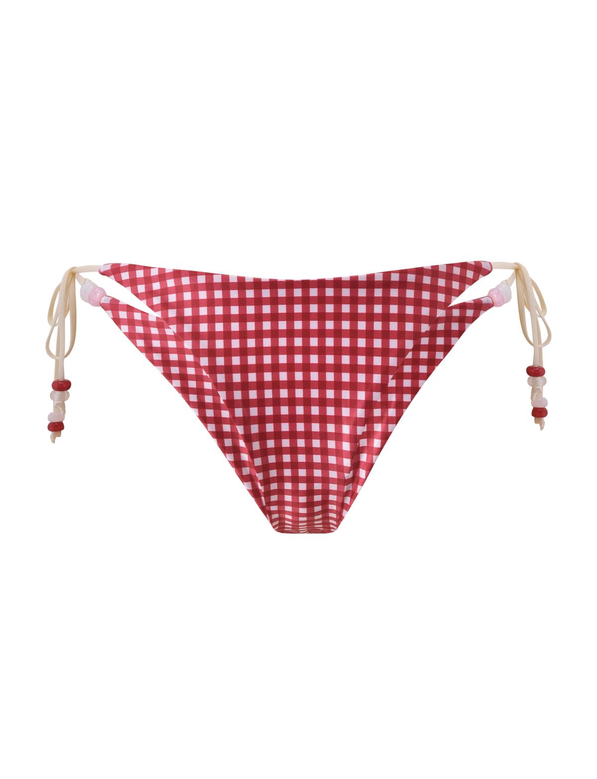 The TIGERMIST FINLEA BIKINI BOTTOM in red gingham features beige tie sides with small red and white beads, shown on a plain white background.
