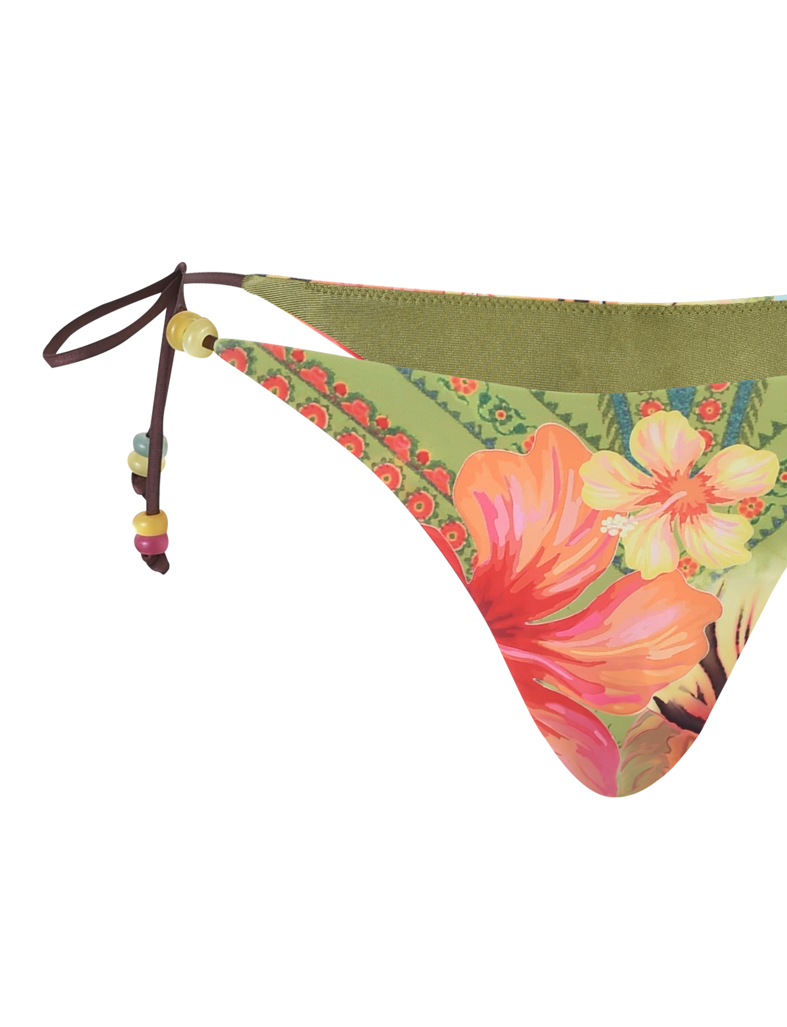 The FINLEA BIKINI BOTTOM - MULTI : TROPICAL FLORAL by TIGERMIST features a cheeky cut with pink and yellow tropical florals on green, plus brown string ties accented with multicolored beads on the sides.