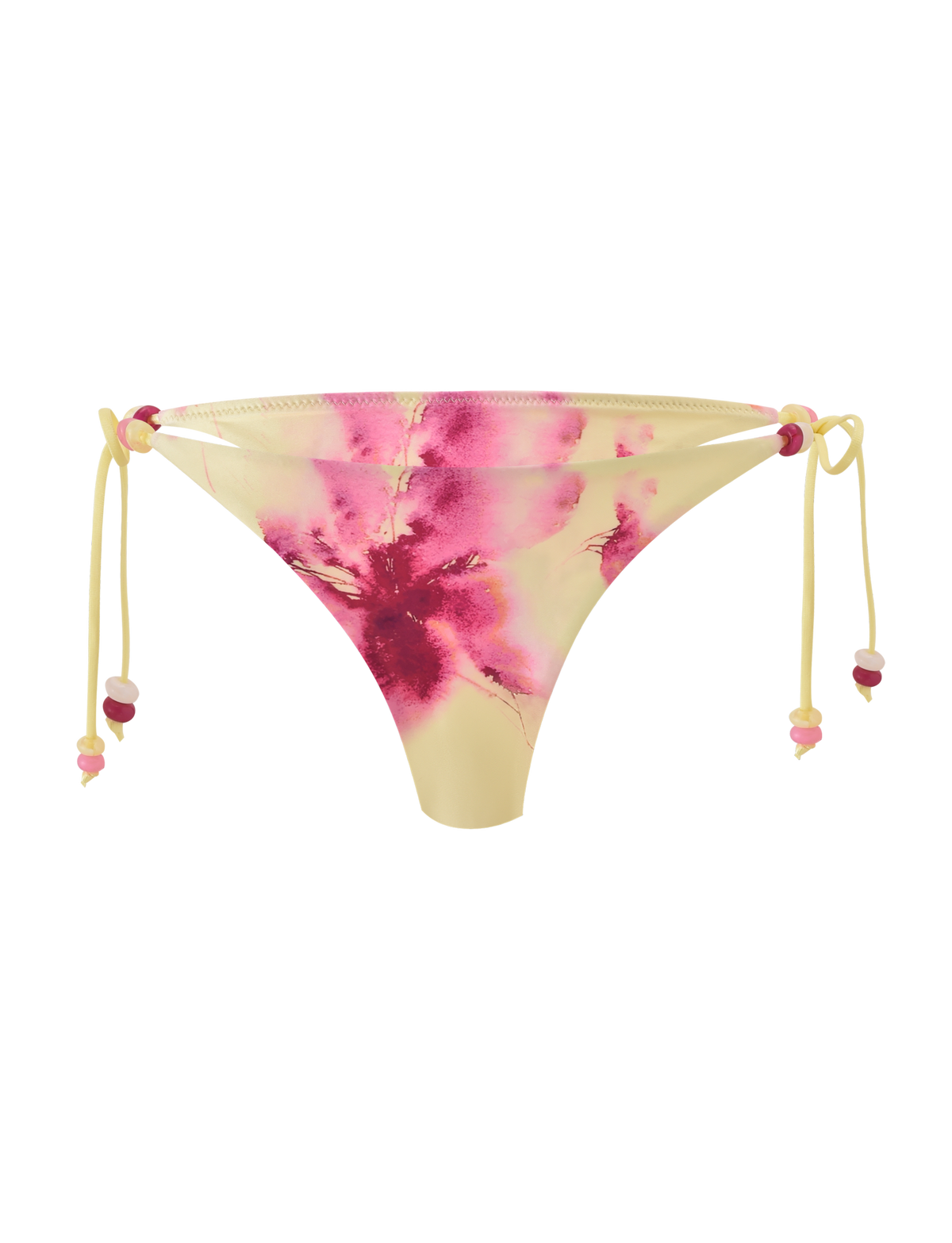 The FINLEA BIKINI BOTTOM - WATERCOLOUR FLORAL by TIGERMIST features a yellow base with pink and red floral print, cheeky coverage, adjustable side ties with pink and yellow beads, shown on a plain white background.