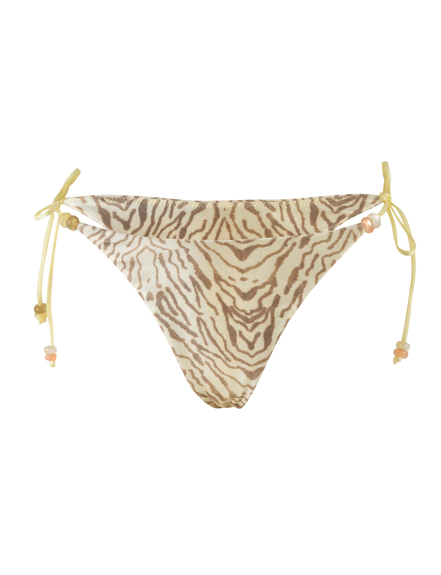 The FINLEA BIKINI BOTTOM - YELLOW : ZEBRA by TIGERMIST is a cheeky bikini cut bottom featuring a zebra stripe pattern in shades of brown and cream. This swimsuit boasts yellow side ties adorned with small beads and high-stretch fabric for a comfortable fit. The slightly textured fabric adds depth, while the symmetrical design ensures a flattering look.