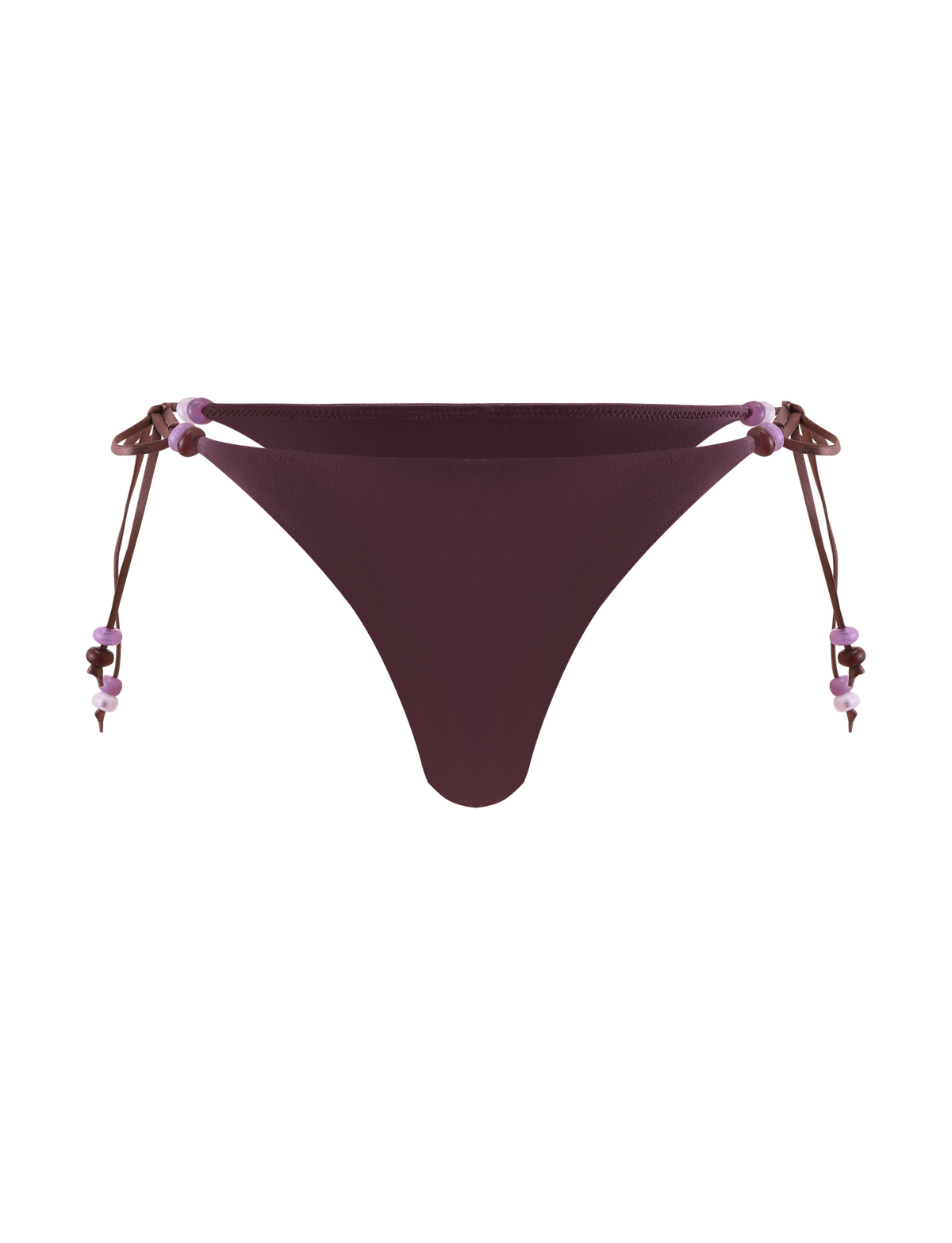 The FINLEA BIKINI BOTTOM - ZEN FLORAL by TIGERMIST features a cheeky cut in dark purple, with adjustable beaded straps embellished with small purple and pink beads, shown against a plain white background.