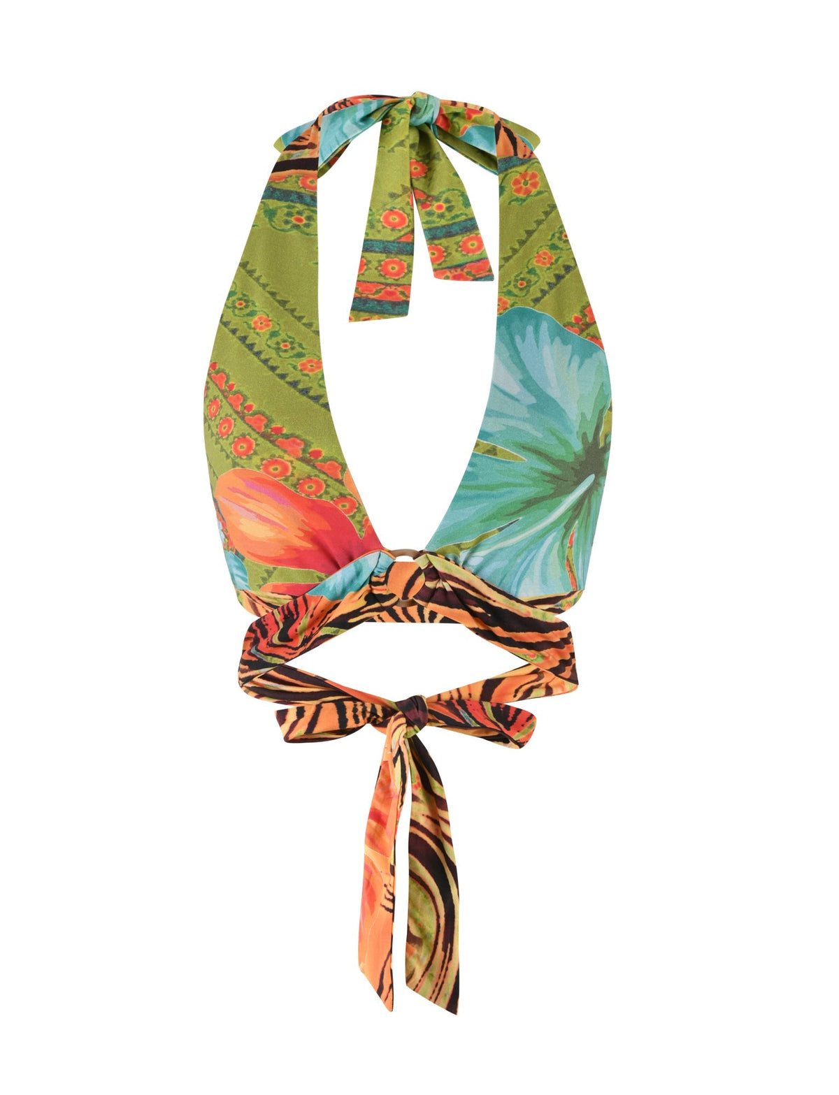 Introducing the RAYLEE TOP - MULTI : FLORAL : TROPICAL FLORAL by TIGERMIST, a vibrant halter top that showcases a striking mix of floral and abstract patterns. This stylish piece features wide straps that tie elegantly at the neck and back, combining an array of greens, oranges, blues, and black with bold tropical designs.