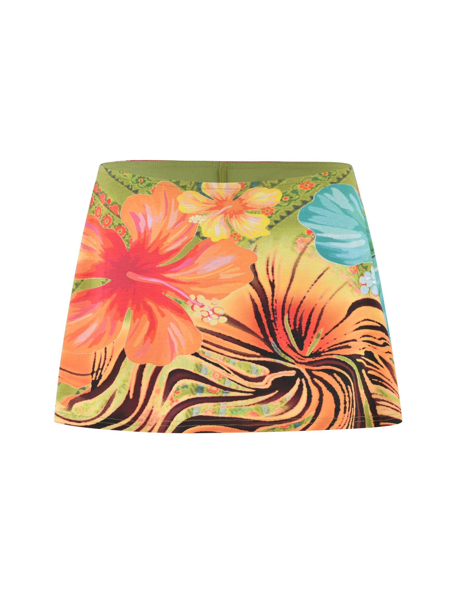 The TIGERMIST QUINLEY SKORT - MULTI : FLORAL : TROPICAL FLORAL showcases a vibrant tropical design, featuring large, colorful hibiscus flowers in shades of orange, pink, and blue. The print is complemented by green leaves and abstract black lines on a gradient background of green, yellow, and orange.