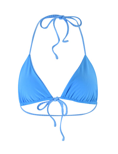 A royal blue 'Yve Bikini Top' from TIGERMIST, featuring thin straps tied at the neck and back. The fabric is smooth and shiny, with slight ruching on the cups. This stunning piece is displayed against a plain white background.