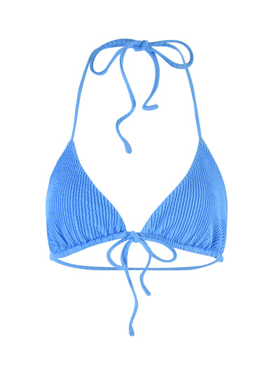 The YVE BIKINI TOP - BLUE : ROYAL BLUE from TIGERMIST features a vibrant ribbed texture and a halter neck style, with ties that fasten at the back of the neck and a string tie closure at the back. The design showcases triangle-shaped cups for a sleek, stylish look.