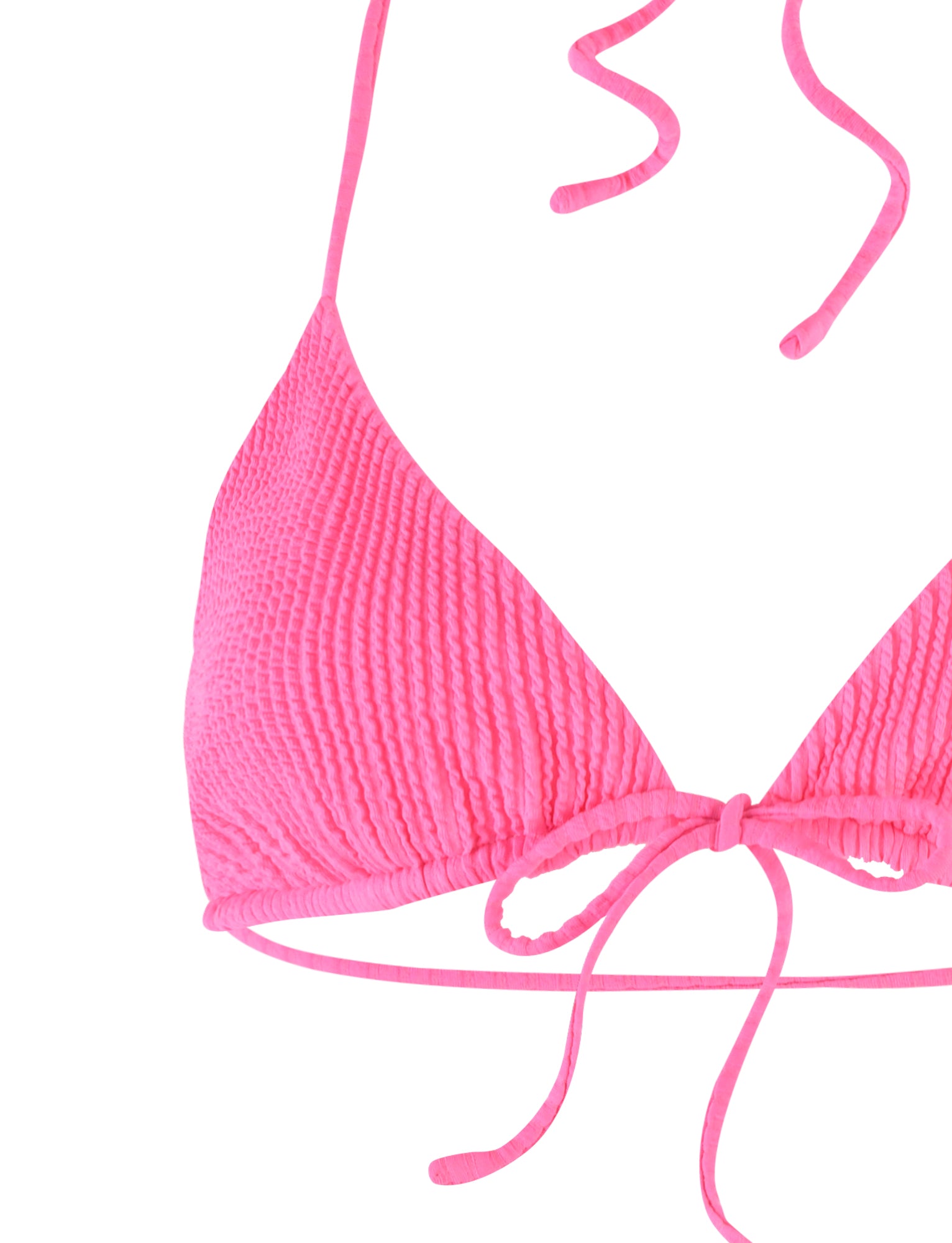 Close-up of the YVE BIKINI TOP - PINK : BUBBLEGUM from TIGERMIST, showcasing its bright pink, textured fabric. The adjustable strings are tied at the front and neck, with the top string extending out of the frame. The solid color and sleek design convey a minimalist and stylish swimwear piece.