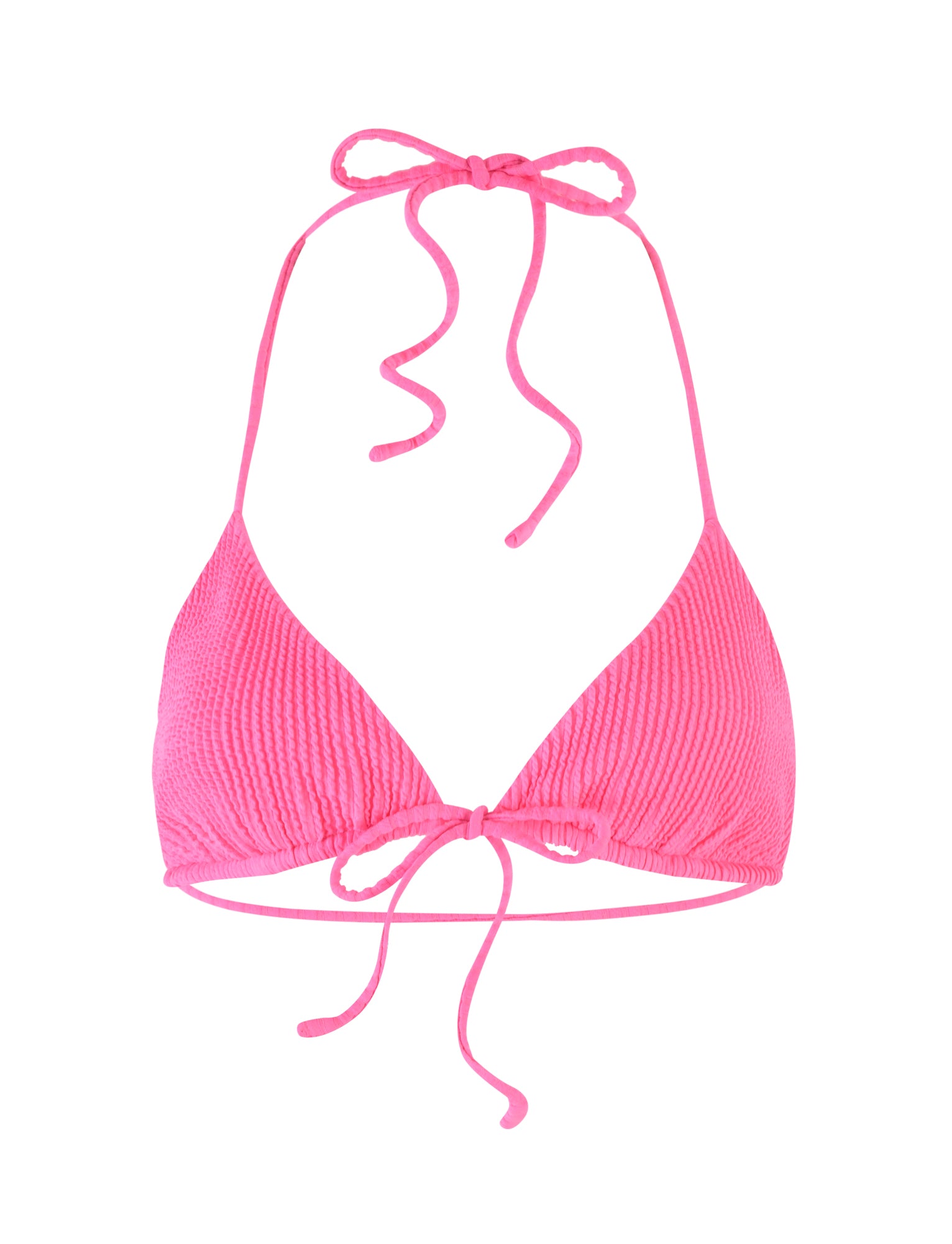 Introducing the YVE Bikini Top in Bubblegum Pink from TIGERMIST. This hot pink triangle bikini top features halter neck straps that tie at the back of the neck, along with textured fabric and adjustable ties at the front to secure around your chest.