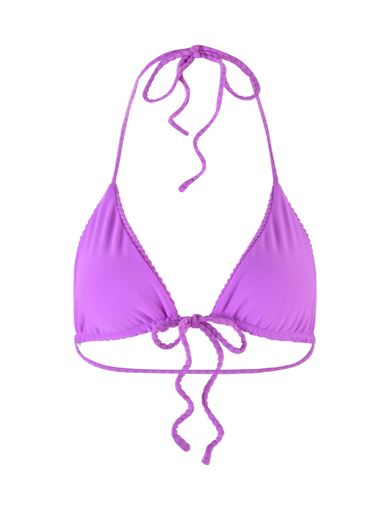 The YVE Bikini Top - Purple : Violet by TIGERMIST features an adjustable halter neck and back tie closures. The top boasts a ruched texture along the sides of the triangular cups, with thin, string-like straps made of matching purple fabric for tying.