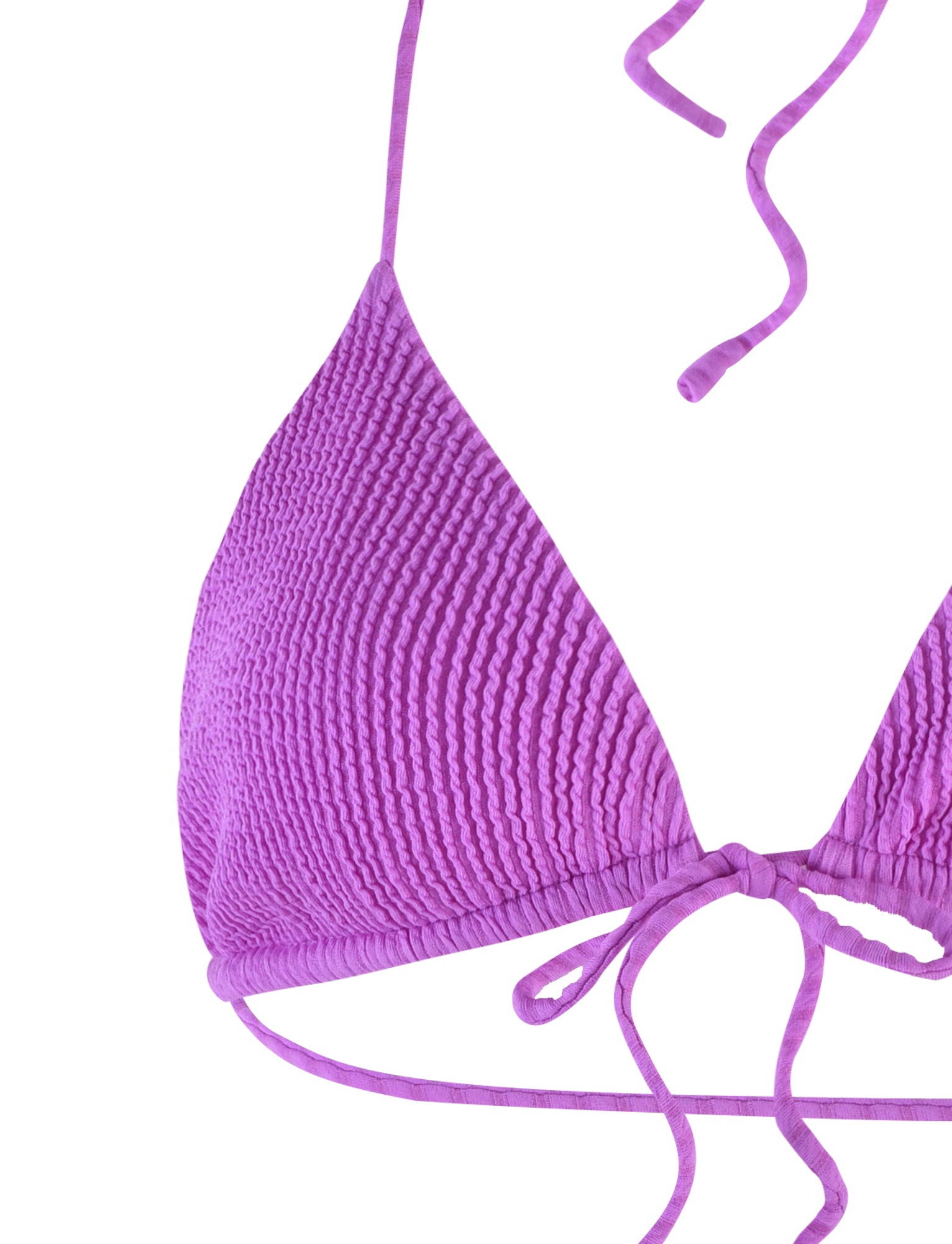 A close-up view of the TIGERMIST YVE BIKINI TOP - PURPLE : VIOLET showcasing its textured, ruched fabric. The bikini top features adjustable thin straps that tie around the neck and an additional tie at the front for securing around the torso.