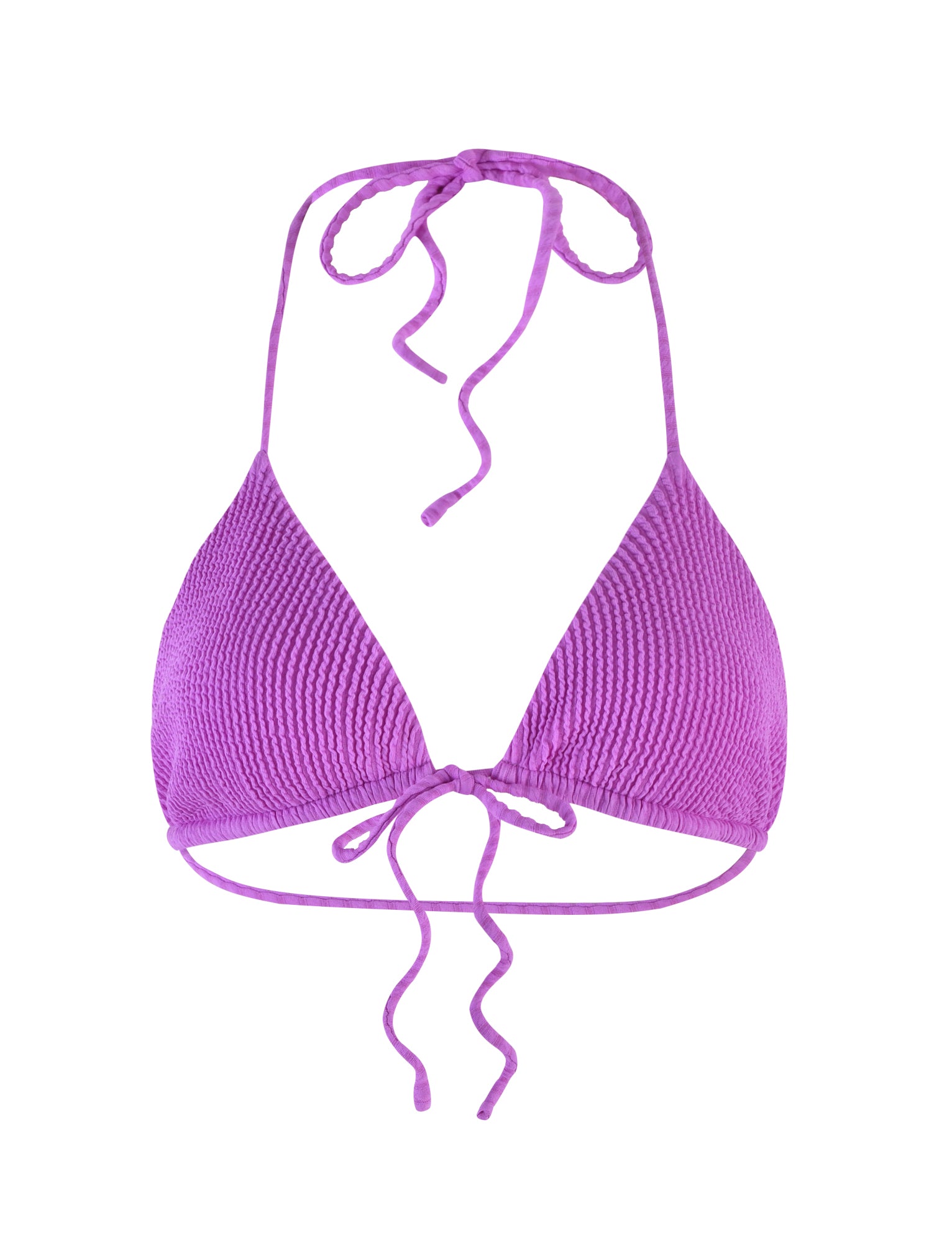 The YVE BIKINI TOP - PURPLE : VIOLET from TIGERMIST features a halter neck tie, a string tie at the back, and triangular cups. The fabric has a stylish ribbed texture.