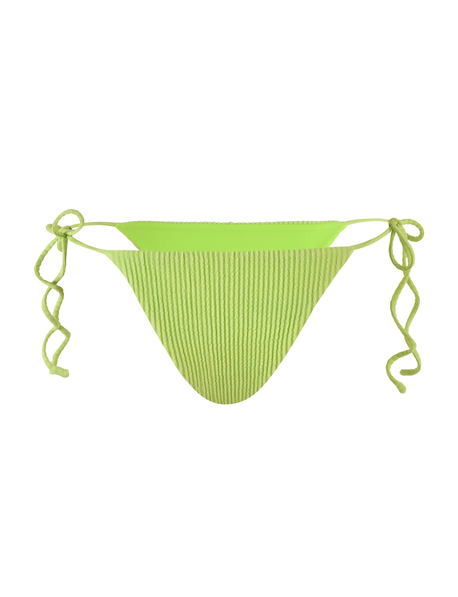 The YVE Bikini Bottom in Lime Green from TIGERMIST features a vibrant hue and a stylish textured ribbed pattern. The bikini bottom comes with adjustable side ties that form knots and hang down in loose curls, creating an effortlessly chic look. This minimalistic design is perfect for beachwear or swimwear.