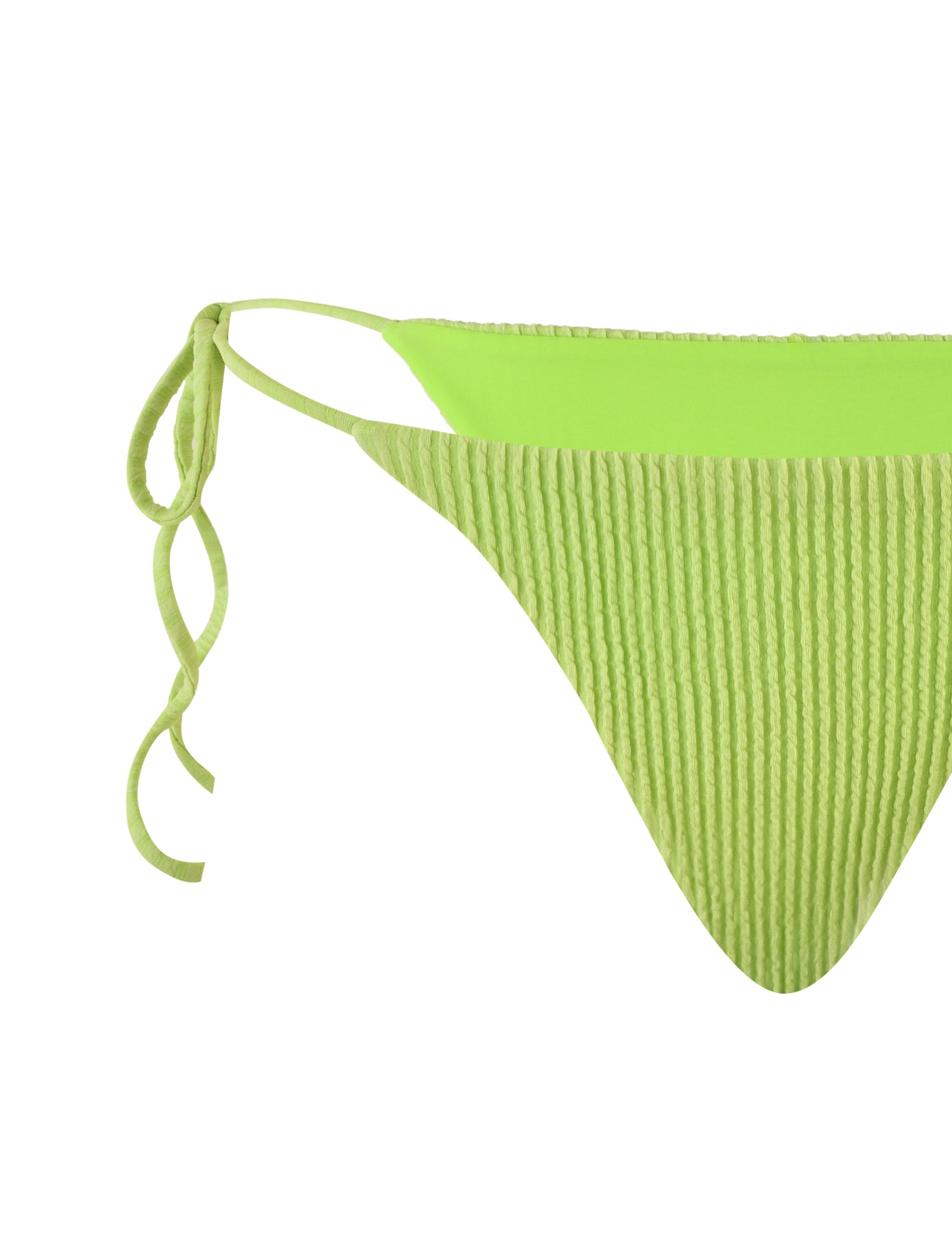 A close-up image of the bottom half of the TIGERMIST YVE BIKINI BOTTOM - GREEN in lime green. The ribbed bikini bottom features a side tie detail on the left, and its vibrant color and textured fabric give it a stylish, summery appearance.