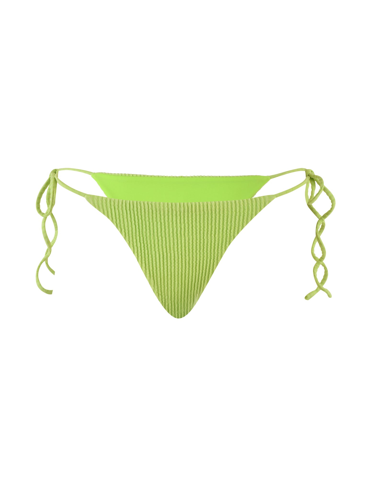 A YVE Bikini Bottom in lime green by TigerMist, featuring a ribbed texture and side tie strings.