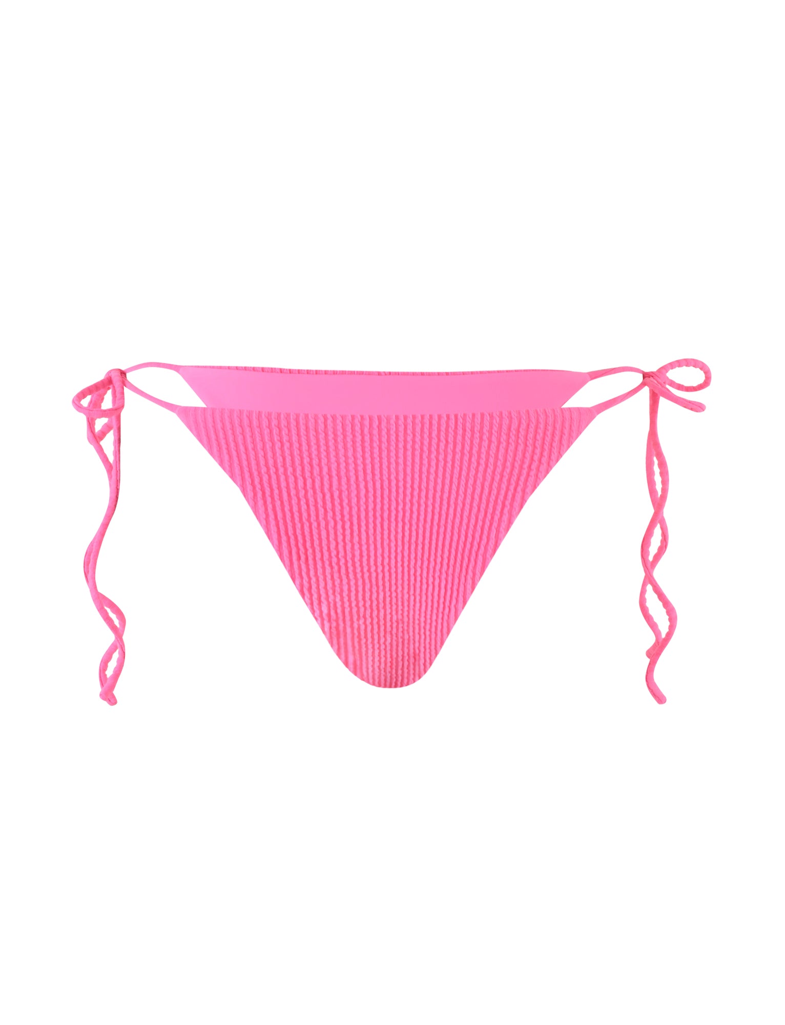 A vibrant bubblegum-pink YVE bikini bottom by TIGERMIST is showcased against a white background. It features a ribbed texture and adjustable side ties, with a classic design that includes a V-shaped front for a summery look.