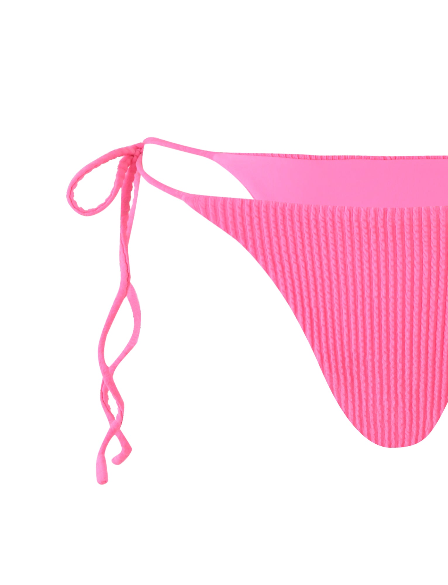 Close-up image of the side of the bright pink textured TigerMist YVE Bikini Bottom - Bubblegum. The fabric has a ribbed pattern, and the side is secured with a thin string tie that forms a bow, with the loose ends of the string hanging down.