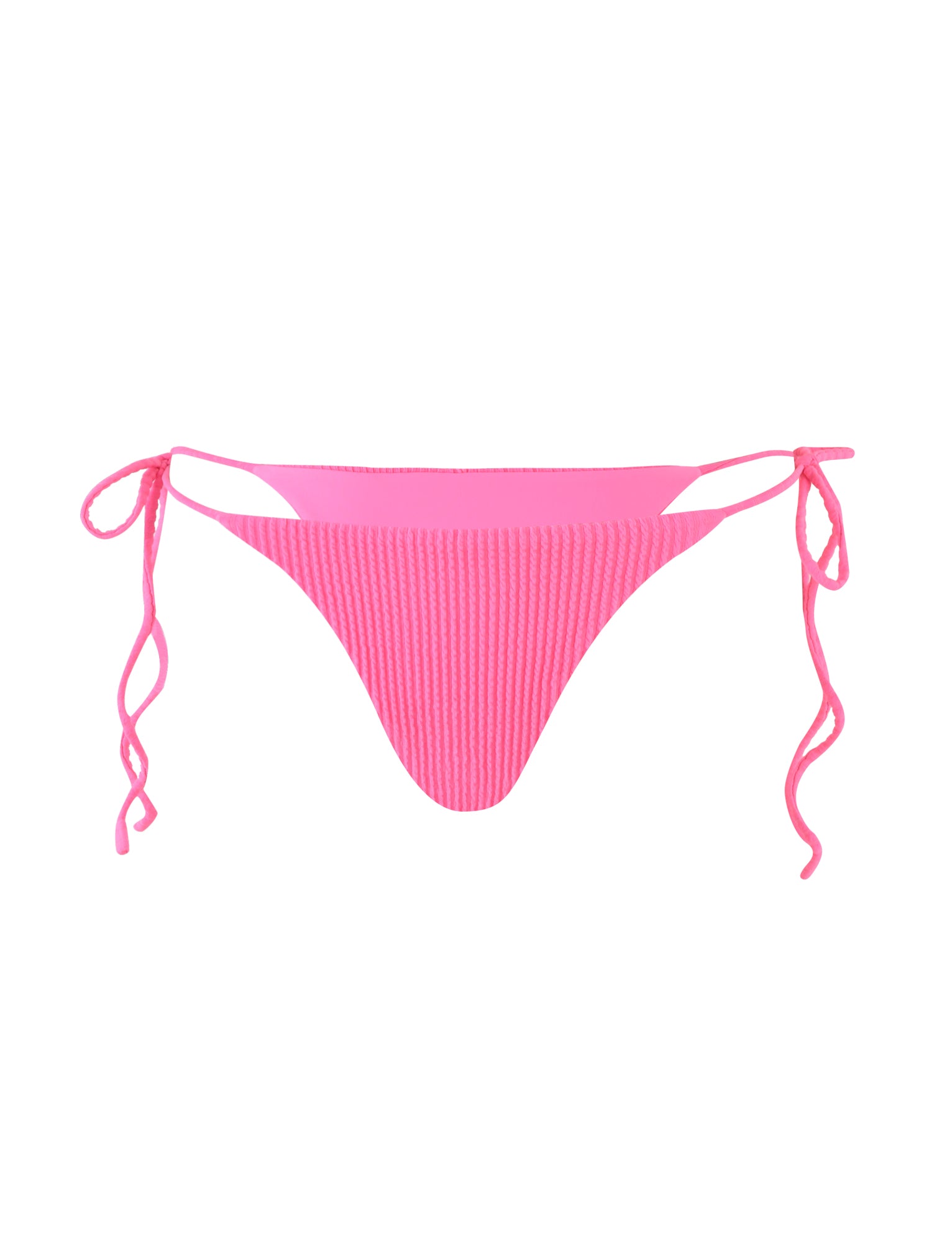 The Yve Bikini Bottom in bubblegum pink by TIGERMIST features adjustable tie sides, a ribbed fabric texture, a minimalistic design, and a flattering high-cut style.