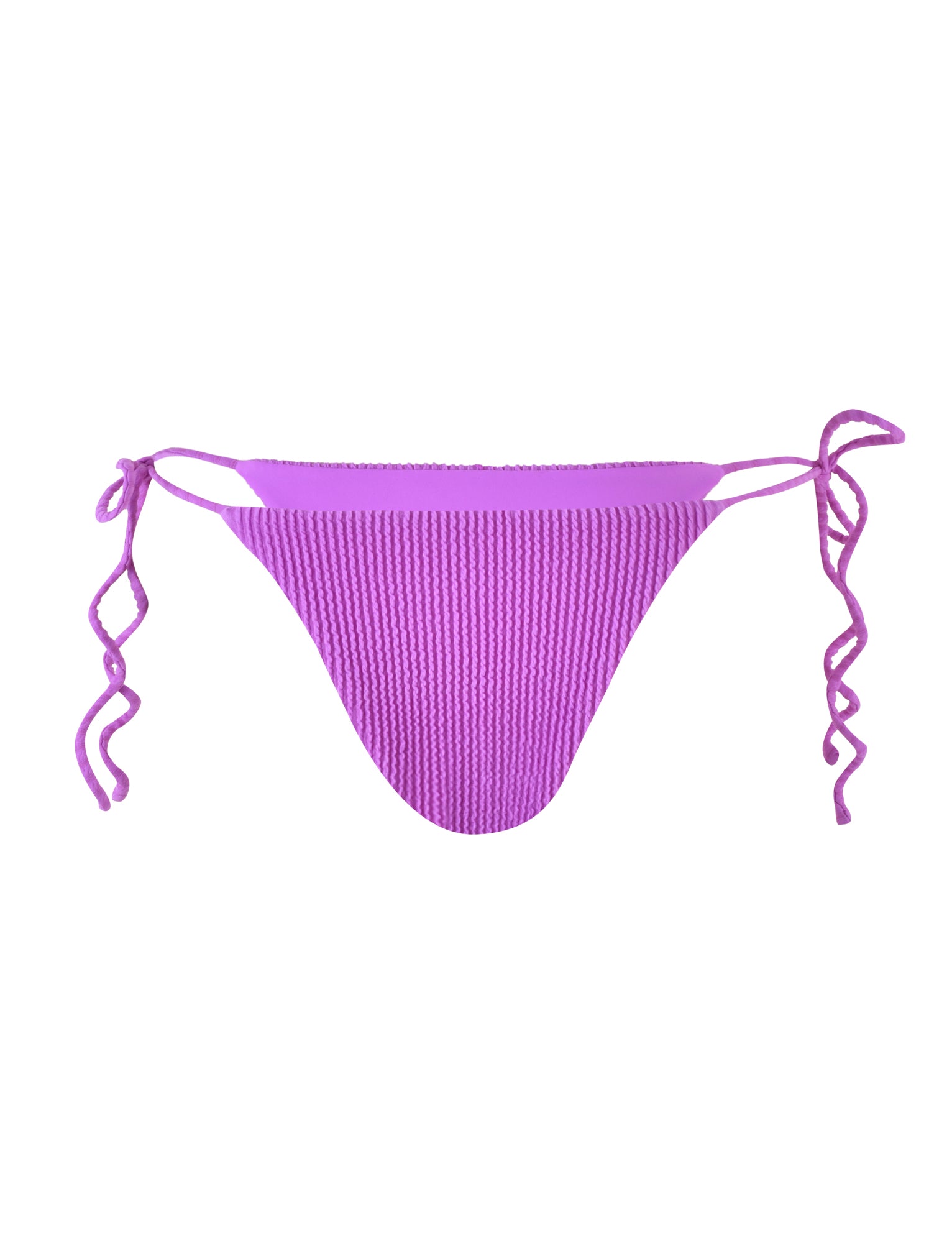 The YVE BIKINI BOTTOM - PURPLE : VIOLET from TIGERMIST is showcased against a plain white background. This stylish piece features a ribbed texture and adjustable tie sides on both hips, allowing for a customizable fit.