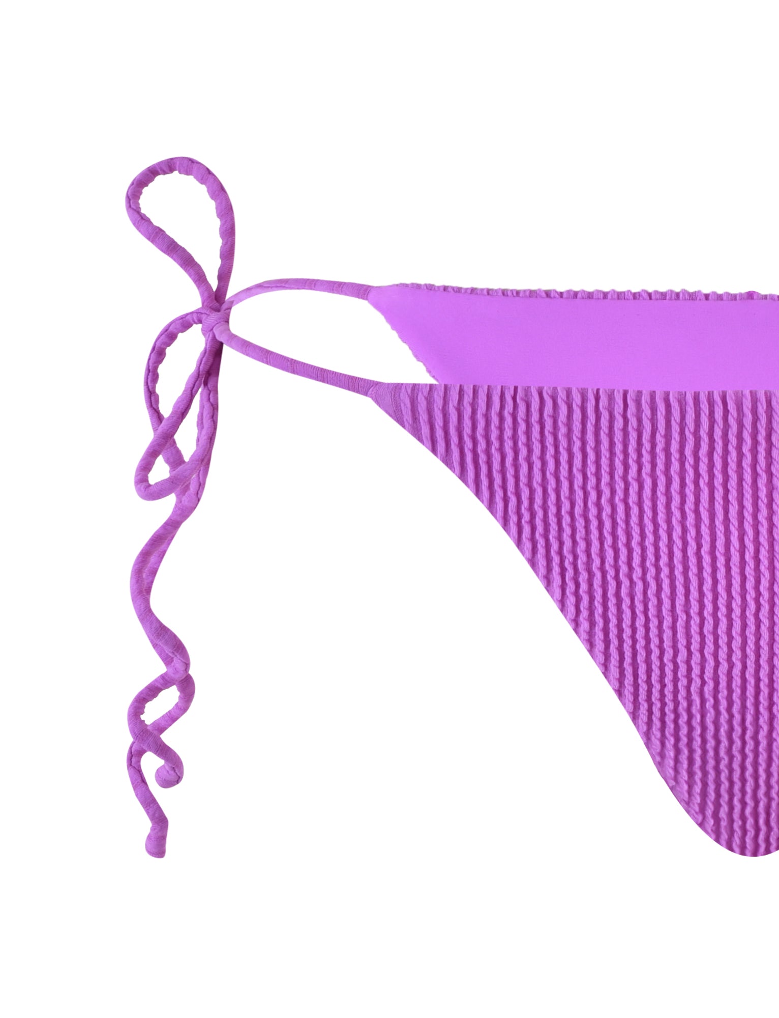 Close-up of the Yve Bikini Bottom in Violet from TigerMist, showcasing a textured fabric and a string tie on one side. The string is elegantly tied in a bow, with a long, curly end that gracefully hangs down. The detail focuses mainly on the tied string of the partially visible bikini bottom.
