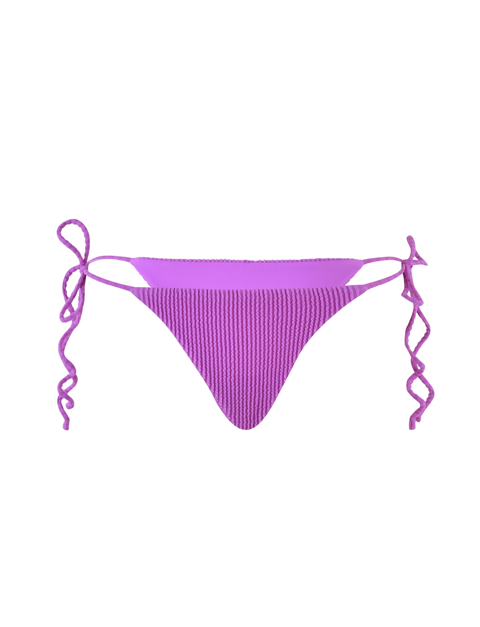 The Yve Bikini Bottom from Tiger Mist, in a stunning violet hue, features a ribbed texture and comes with adjustable side ties that are long enough to be styled into bows.