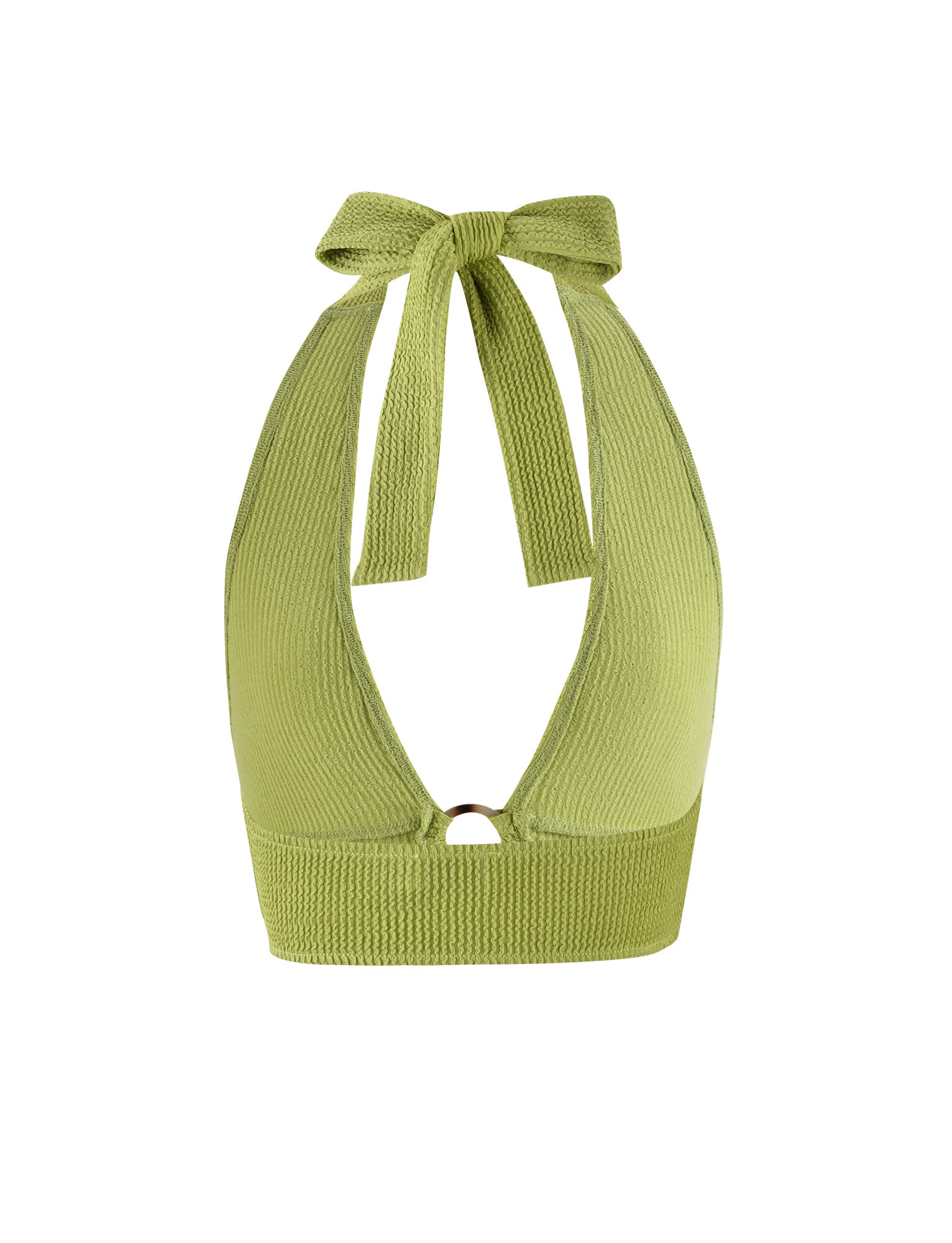 The NEERA TOP - GREEN : LIME GREEN by TIGERMIST is a striking knit halter top in green, complete with a stylish bow at the neck and a keyhole cutout at the center front. Its textured fabric adds to its unique charm.