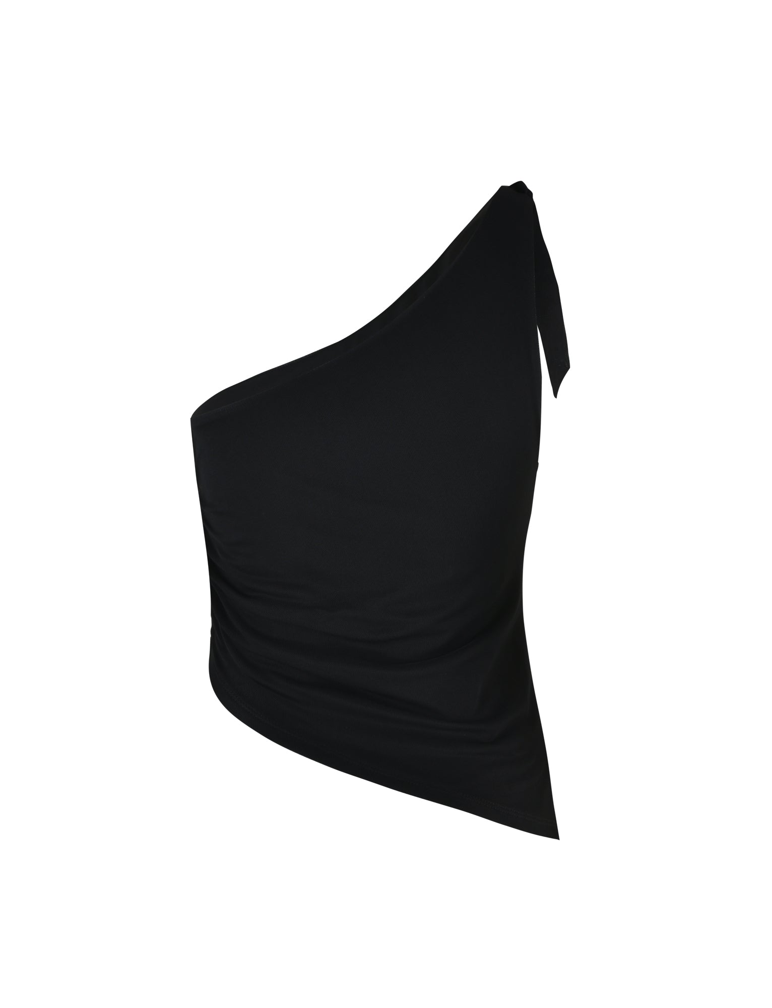The DEANNA TOP - BLACK from TIGERMIST is a fitted, black one-shoulder top featuring a single strap on the left side and an asymmetrical neckline with the right side being strapless. The top is sleek and without any visible patterns or embellishments.