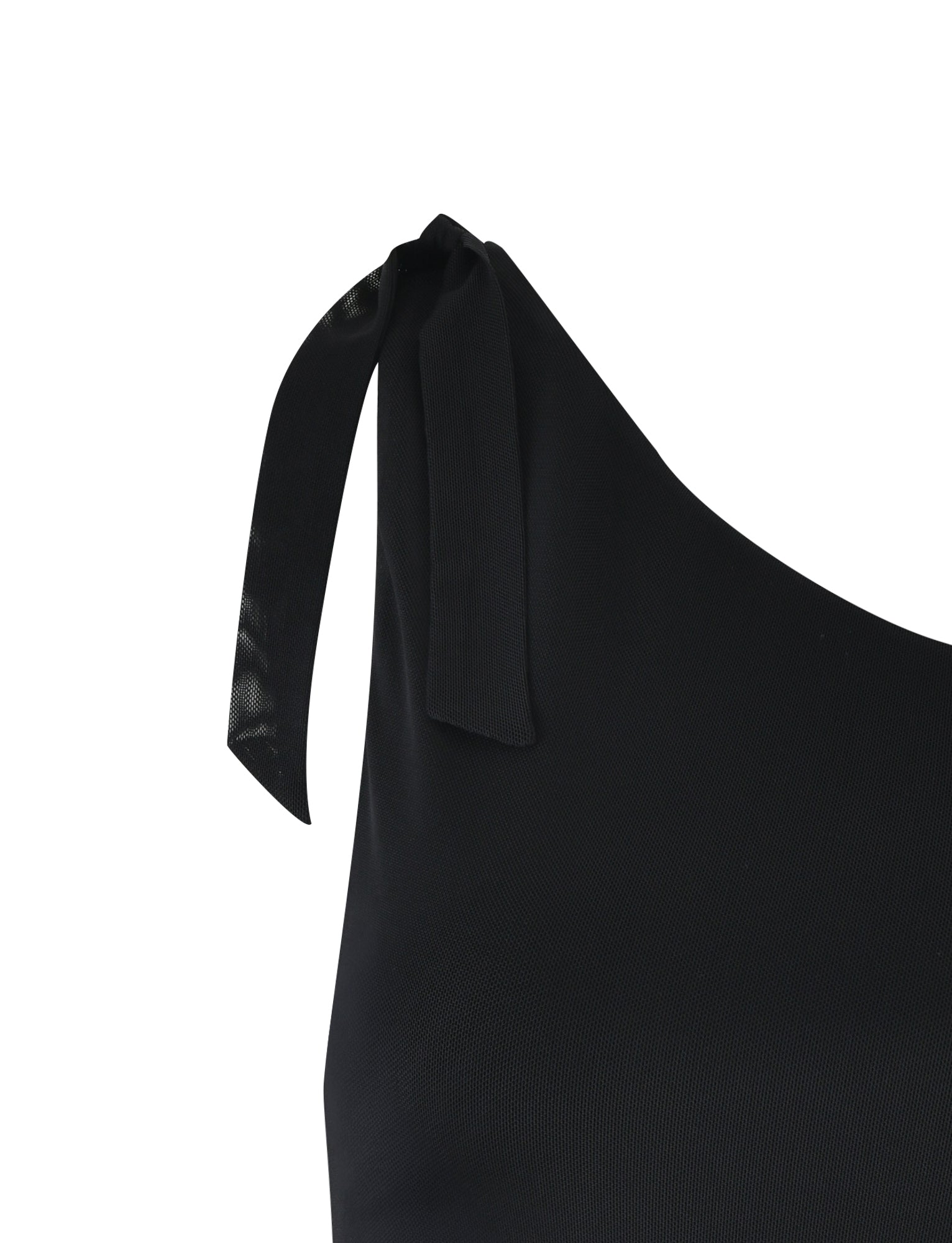 Close-up of the DEANNA TOP - BLACK by TIGERMIST, featuring a stylish bow detail on the single strap. The fabric appears smooth and slightly shiny under the light. The design is modern and minimalistic.