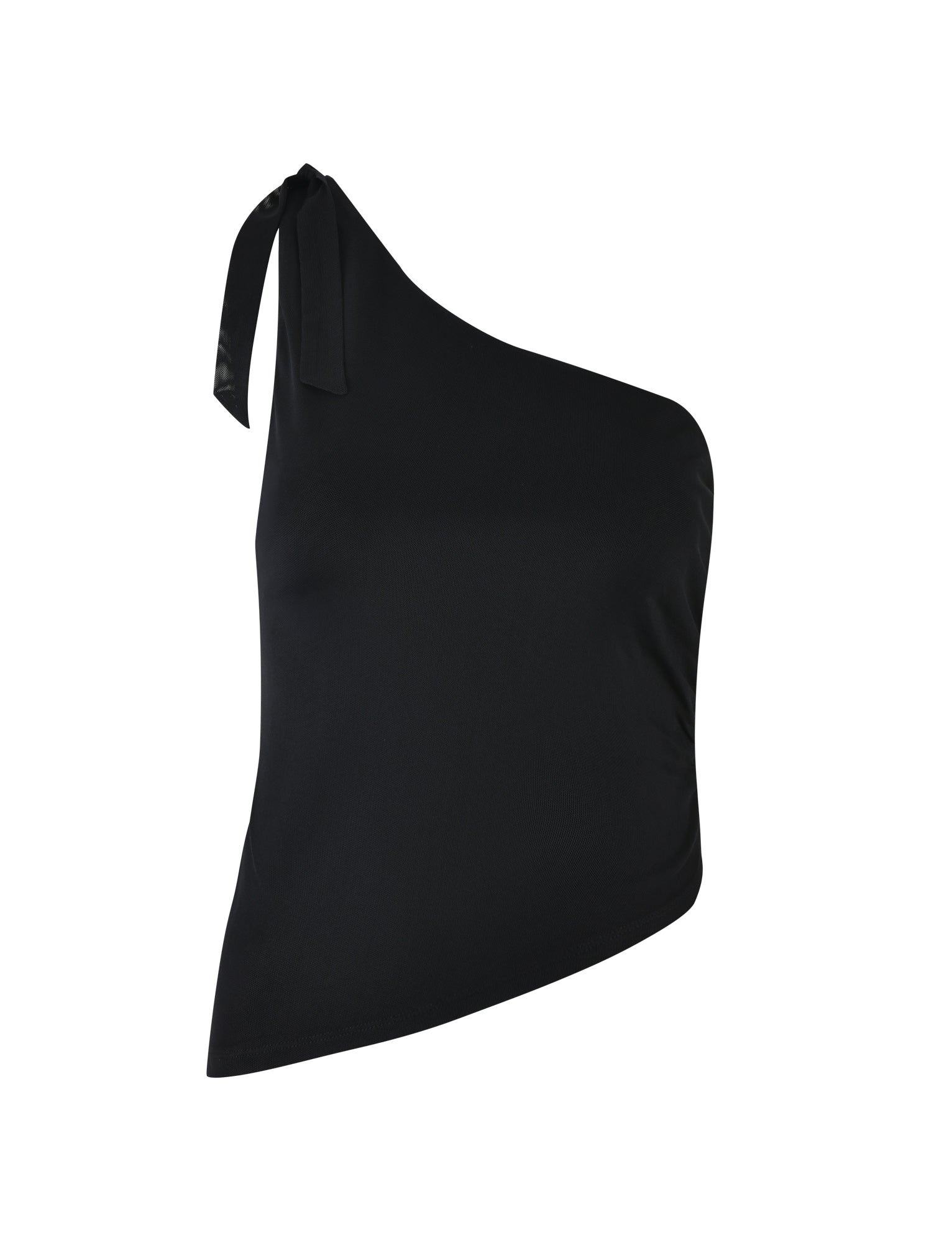 The DEANNA TOP - BLACK by TIGERMIST is a stylish, asymmetrical one-shoulder top with a sleeveless design and a tied bow on the shoulder. The top features a fitted look with a smooth, minimalistic appearance against a white background.