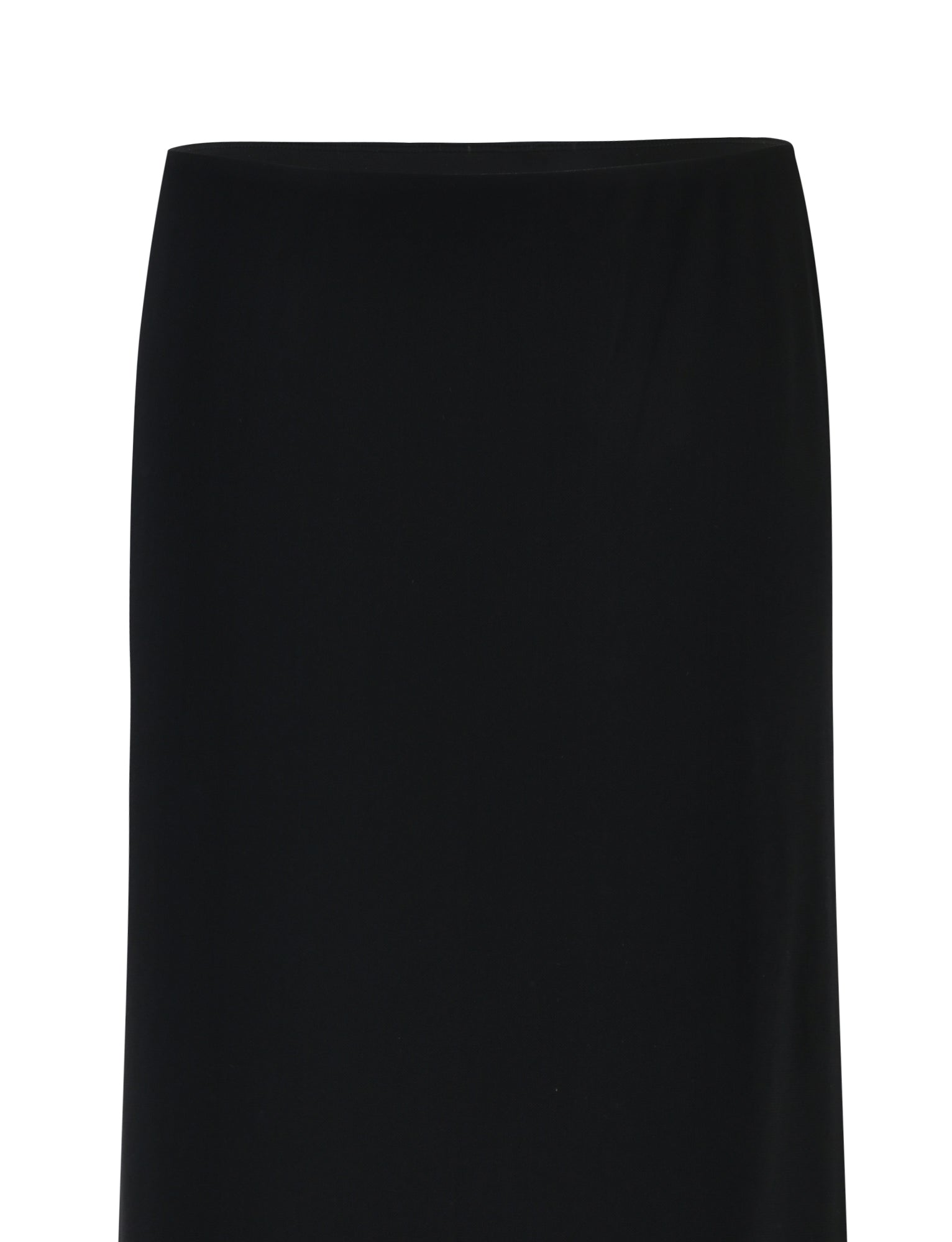 A sleek, knee-length skirt named the Deanna Maxi Skirt - Black from TIGERMIST is showcased against a plain white background. This sophisticated piece features a straight, minimalist design devoid of any embellishments or patterns. Made from smooth fabric, it exudes an elegant and refined aesthetic.