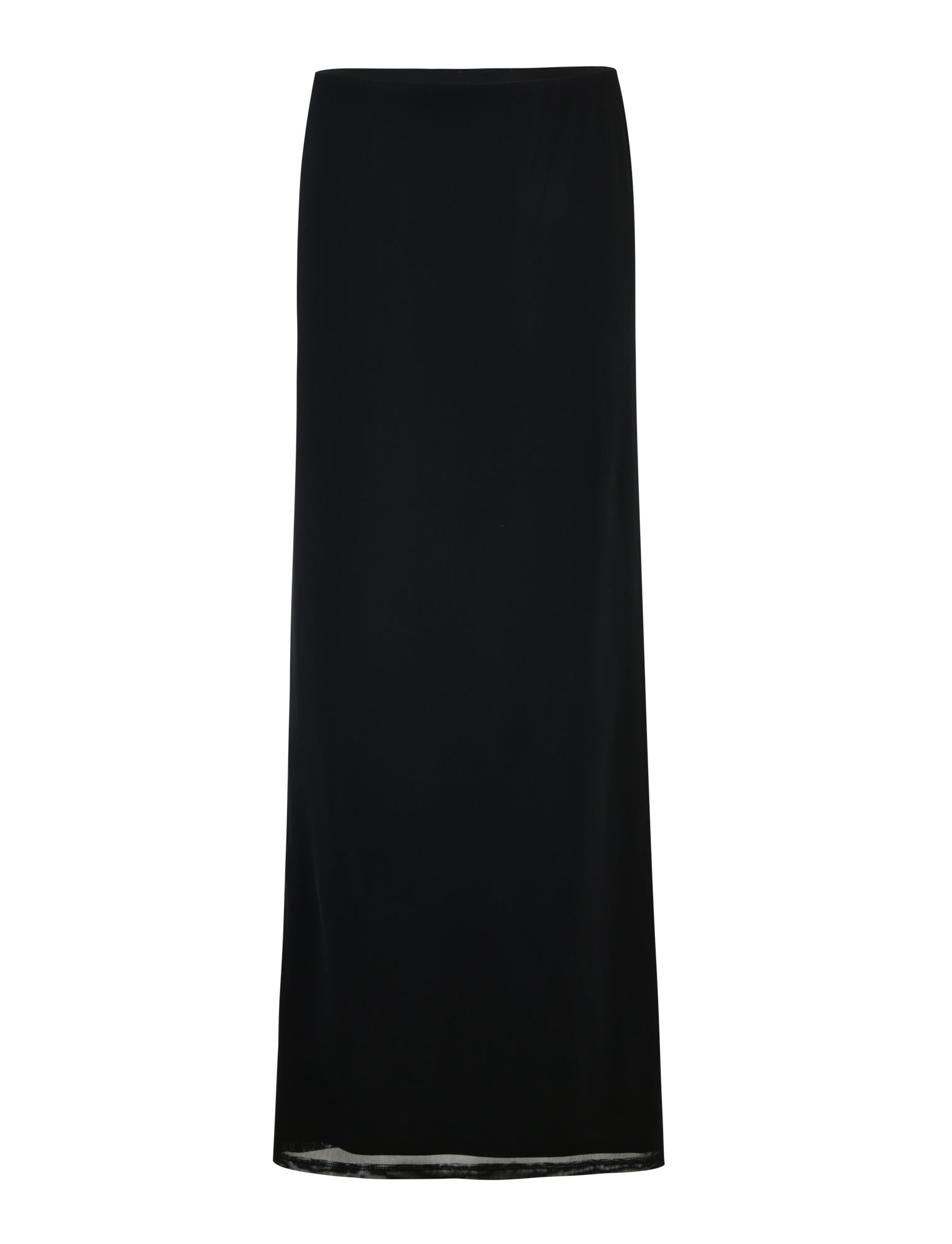 The DEANNA MAXI SKIRT - BLACK from TIGERMIST is a long, straight-cut skirt with a slightly flared hem. This minimalist design features no visible embellishments, zippers, or pockets, giving it a sleek look suitable for various occasions.