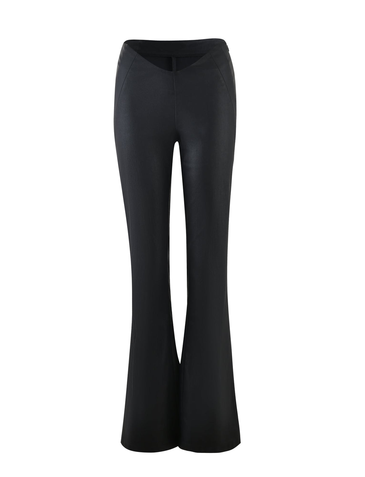 Image of the DOPHA PANT - BLACK from TIGERMIST. These black, high-waisted, wide-leg pants feature a tailored, simple design with a slight flare at the bottom. The fabric appears smooth and slightly shiny, providing a sleek and polished look. There are no visible pockets or logos.