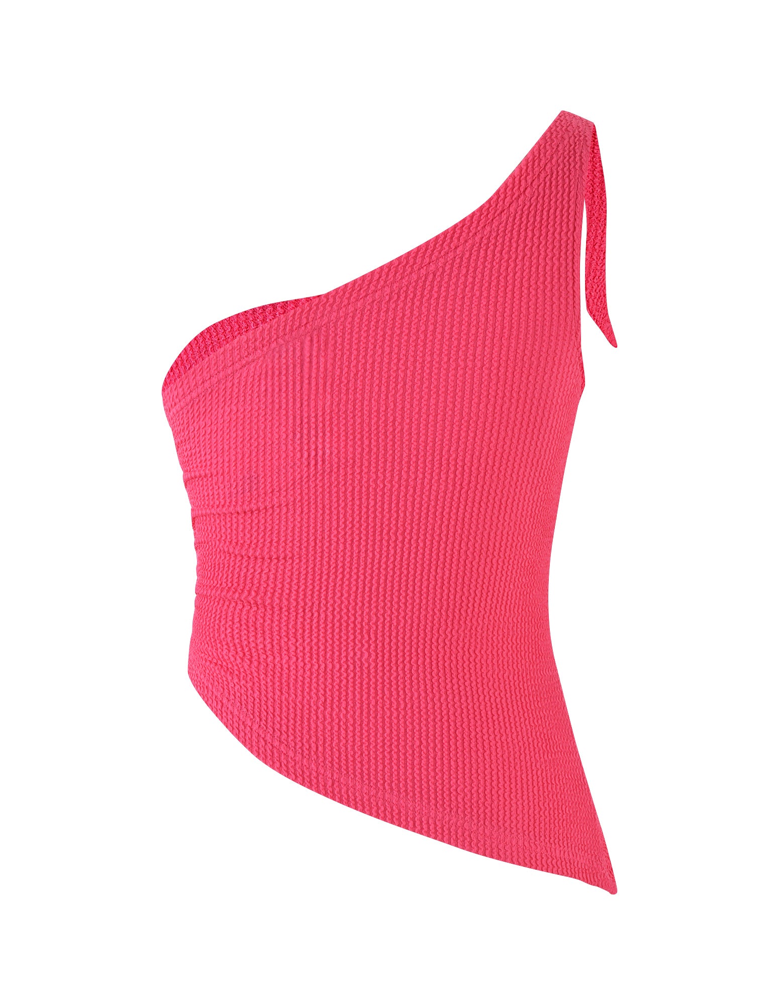 A vibrant hot pink, textured one-shoulder swimsuit from TIGERMIST named the DEANNA TOP - PINK : HOT PINK : FUCHSIA, featuring an asymmetrical design. The material is ribbed and form-fitting, with a single strap positioned on the right side.