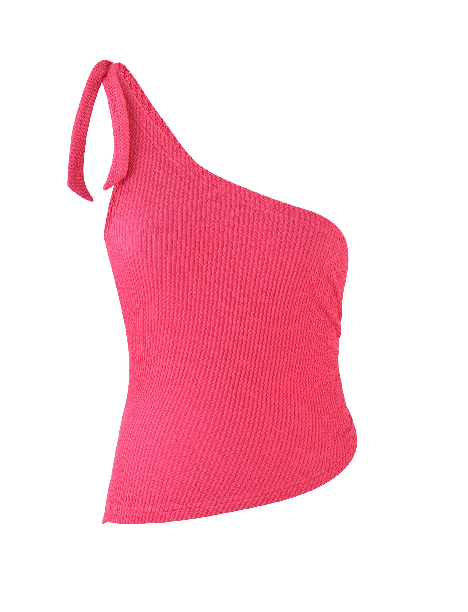 DEANNA TOP by TIGERMIST in a vibrant hot pink fuchsia features a textured one-shoulder design with an asymmetrical hem. The single strap ties elegantly on one shoulder, creating a unique and stylish silhouette. Its form-fitting cut makes it perfect for casual or semi-formal occasions.