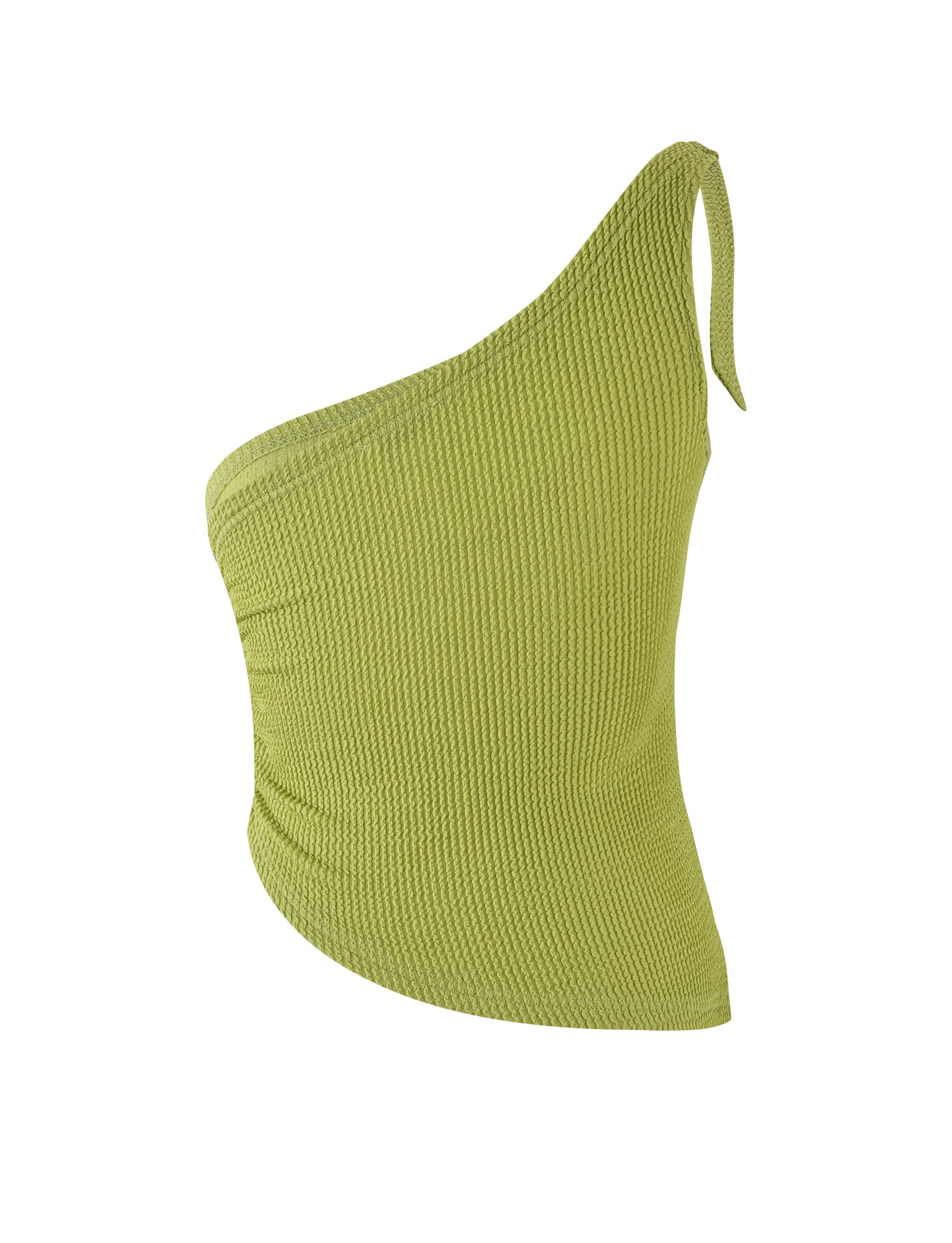 The DEANNA TOP - GREEN : LIME GREEN from TIGERMIST features a textured ribbed fabric and a slim fit design. The one-shoulder strap provides an asymmetrical detail, and the slightly curved hemline adds to its modern and stylish appeal.